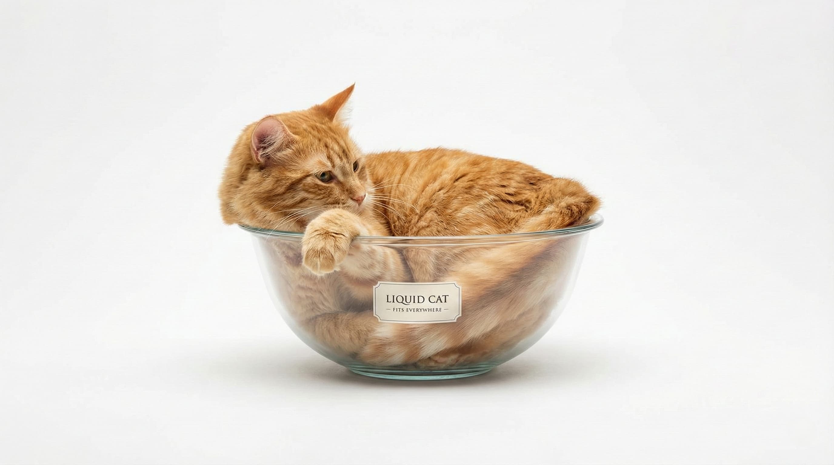 A cat fitting perfectly inside a small glass bowl