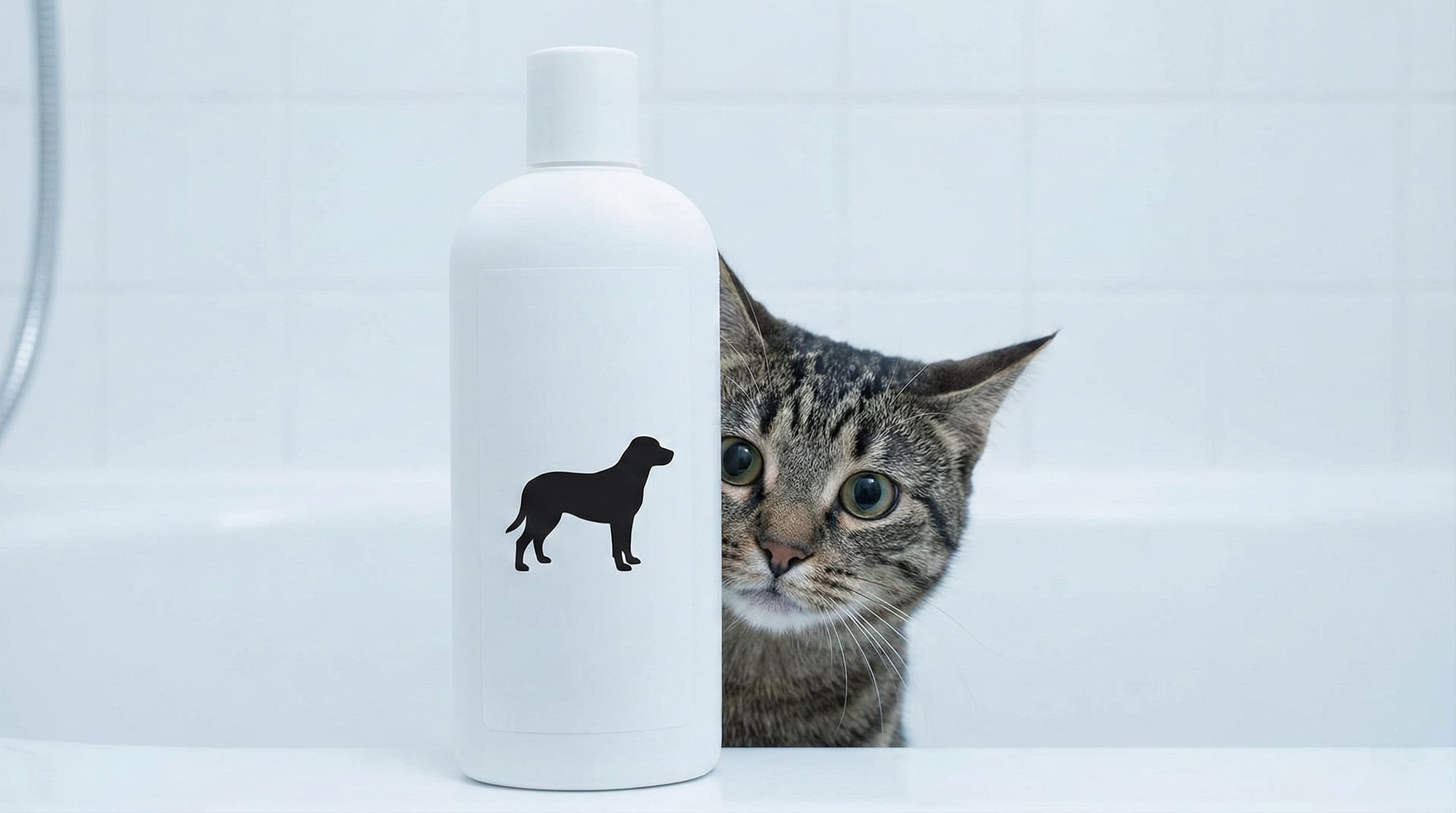A bottle of dog shampoo representing a hidden danger to cats