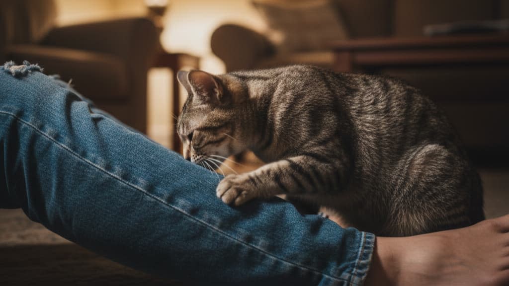 A cat rubbing affectionately against owner's legs seeking comfort