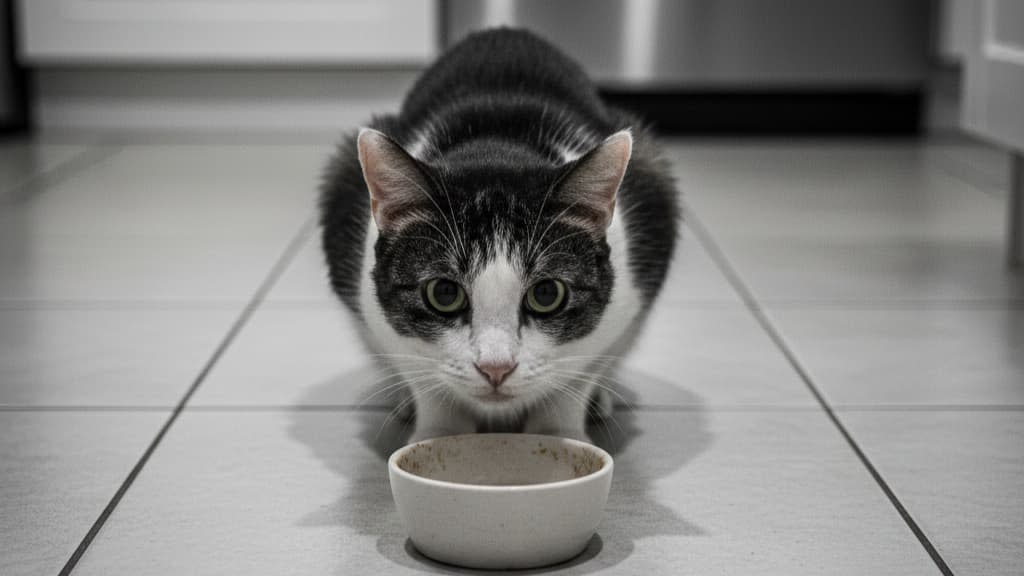 A cat staring intently at an empty food bowl