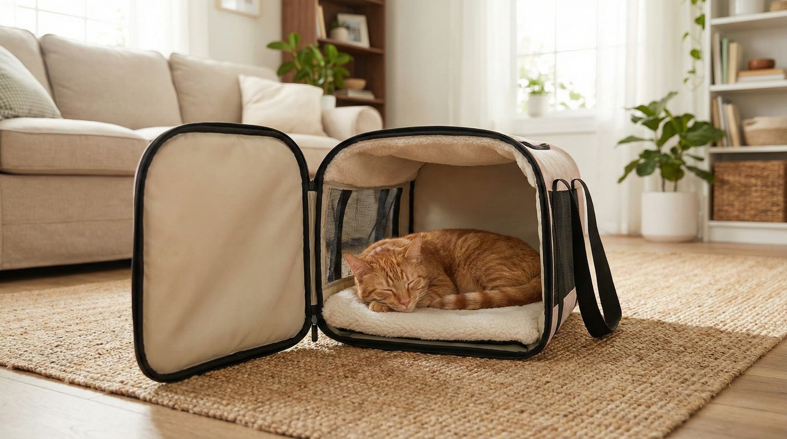 A cat sleeping peacefully inside an open travel carrier in a living room