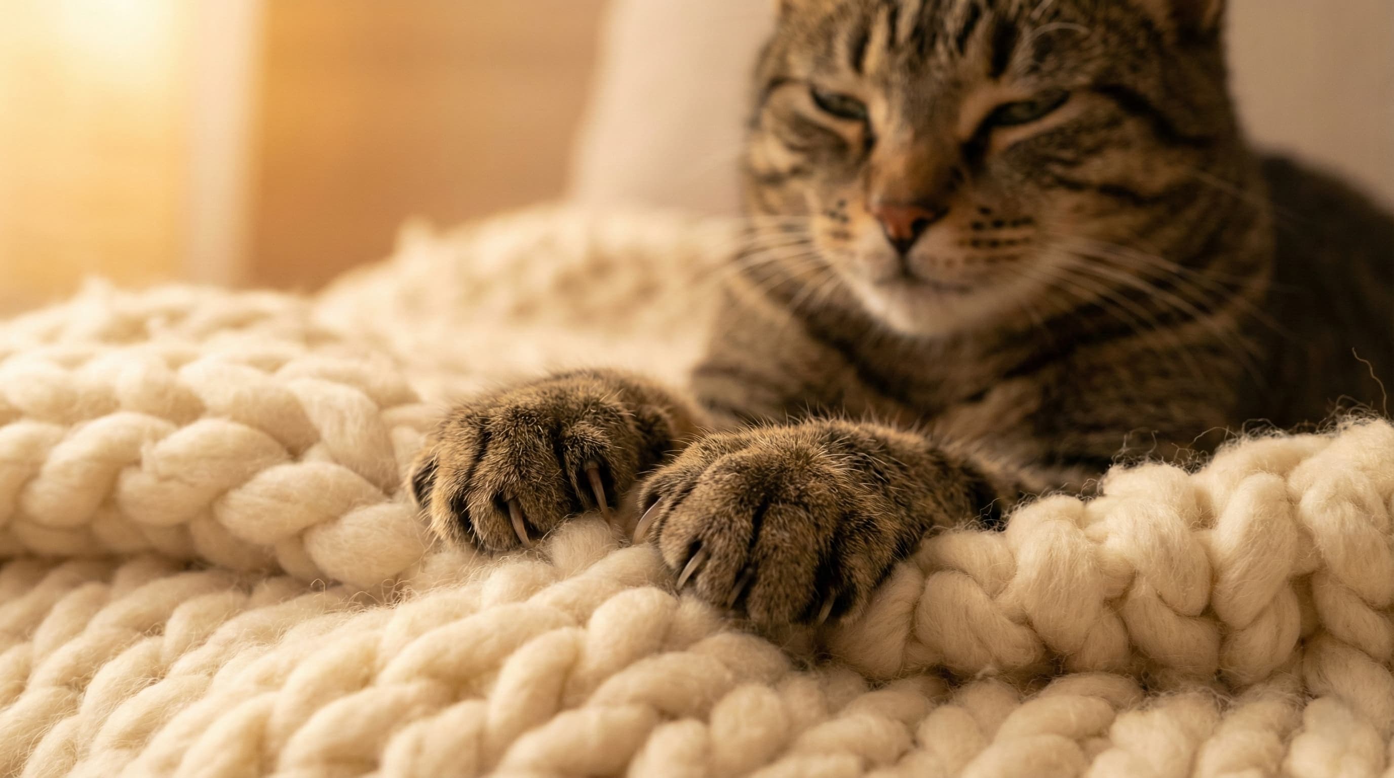 A cat rhythmically kneading a soft blanket