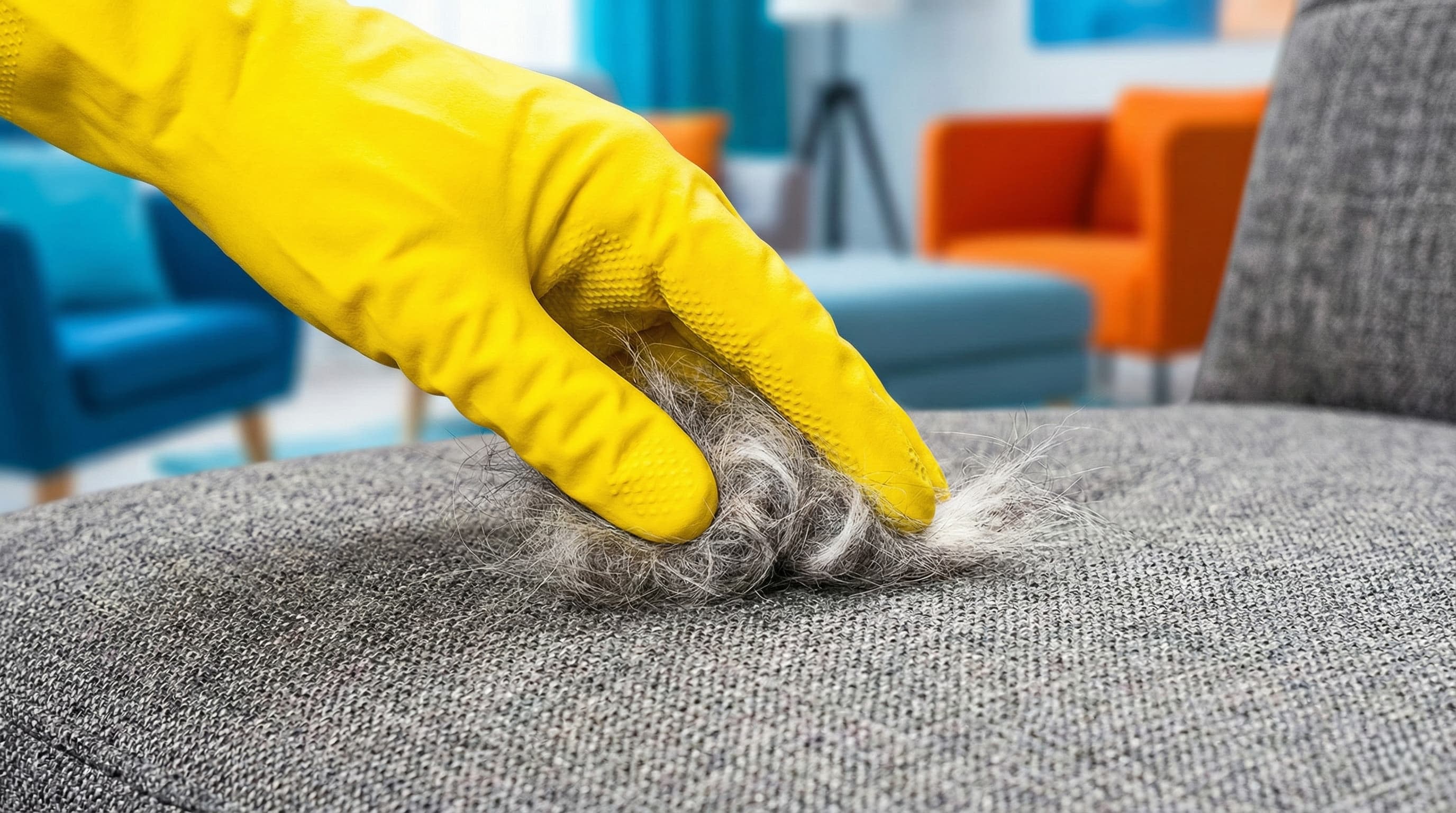 Using a damp rubber glove to remove cat hair from a sofa