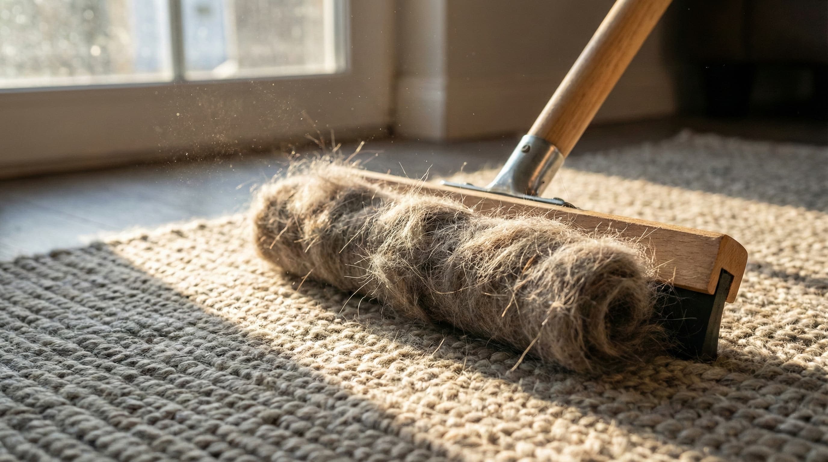 Removing embedded cat hair from a carpet using a window squeegee