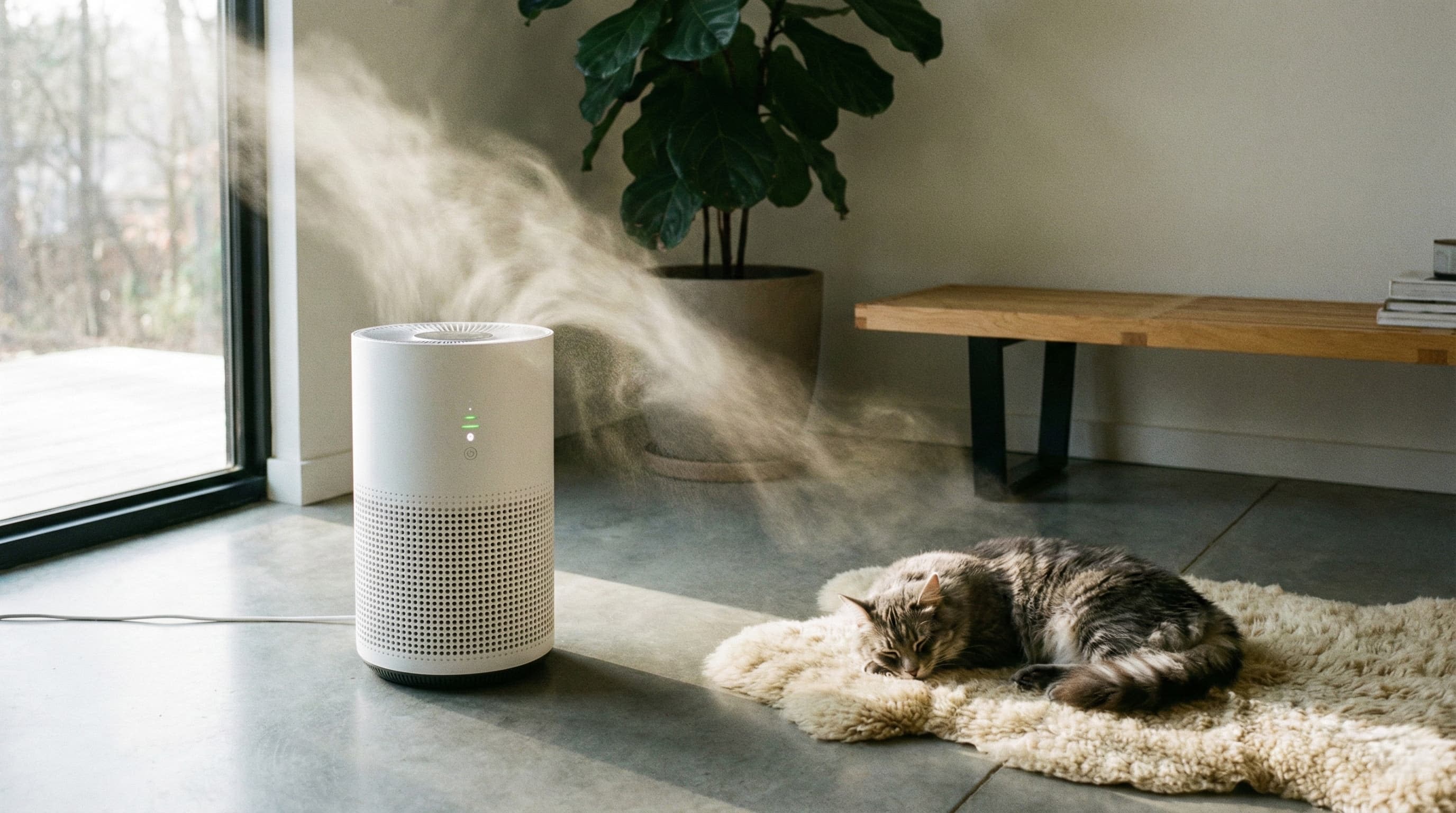 Modern air purifier trapping airborne cat dander