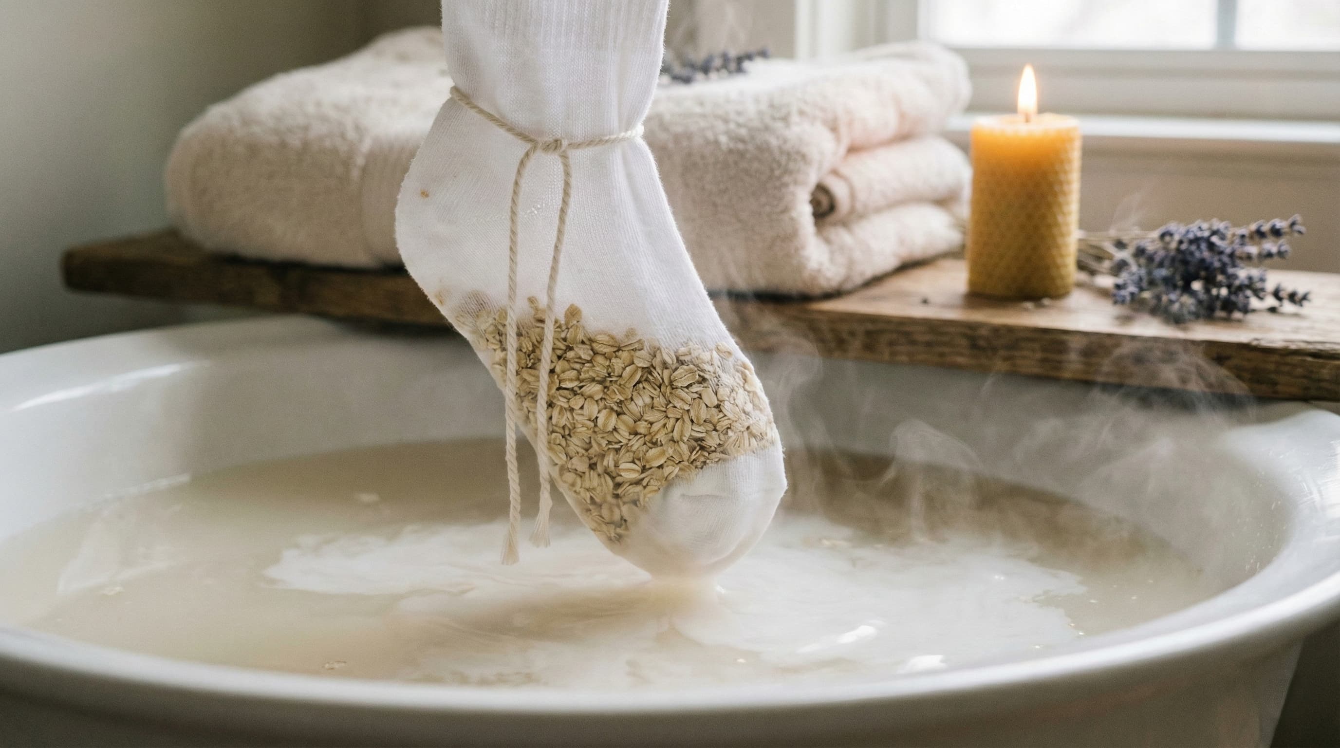 Oats in a sock creating a soothing milky bath for skin relief