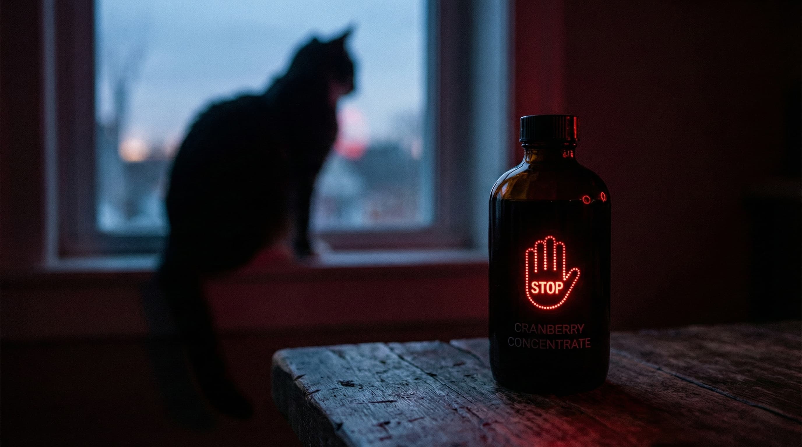 Cranberry juice bottle with a warning light, symbolizing a dangerous myth