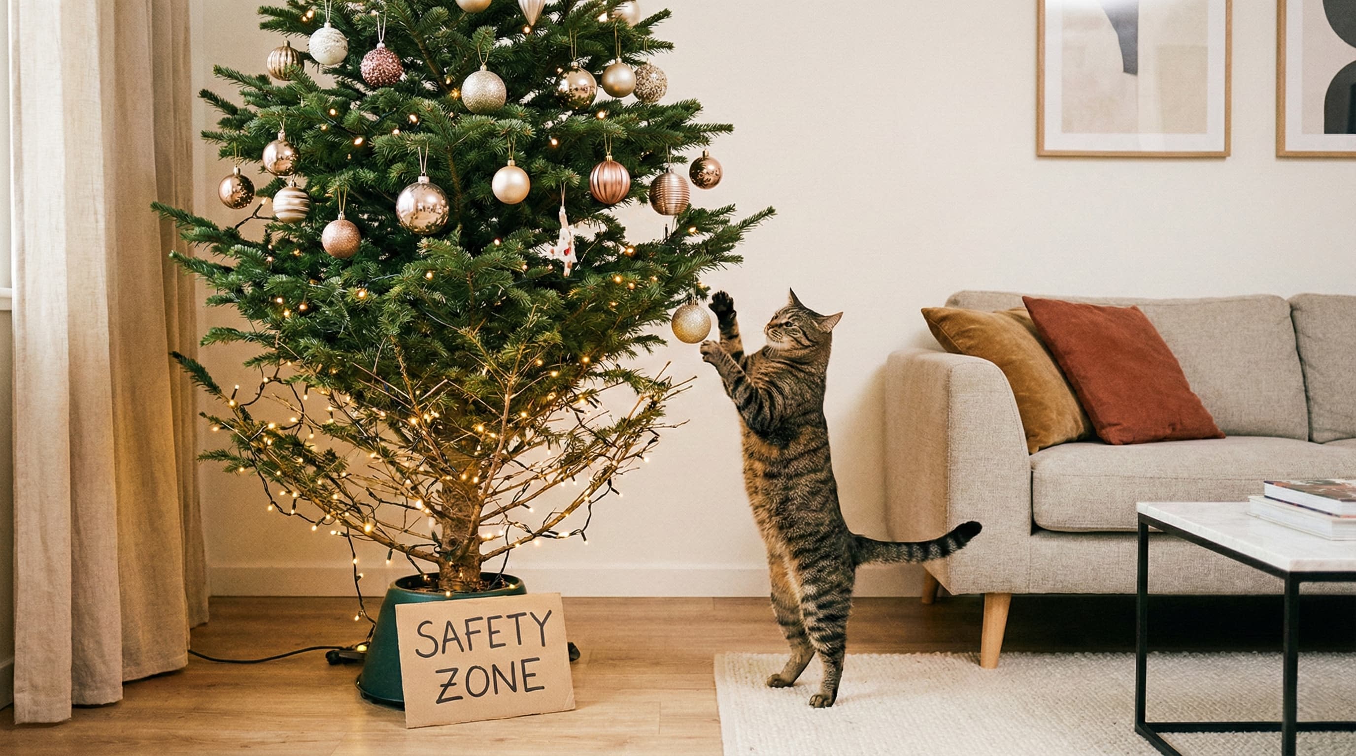 A cat trying to reach ornaments placed high up on the tree
