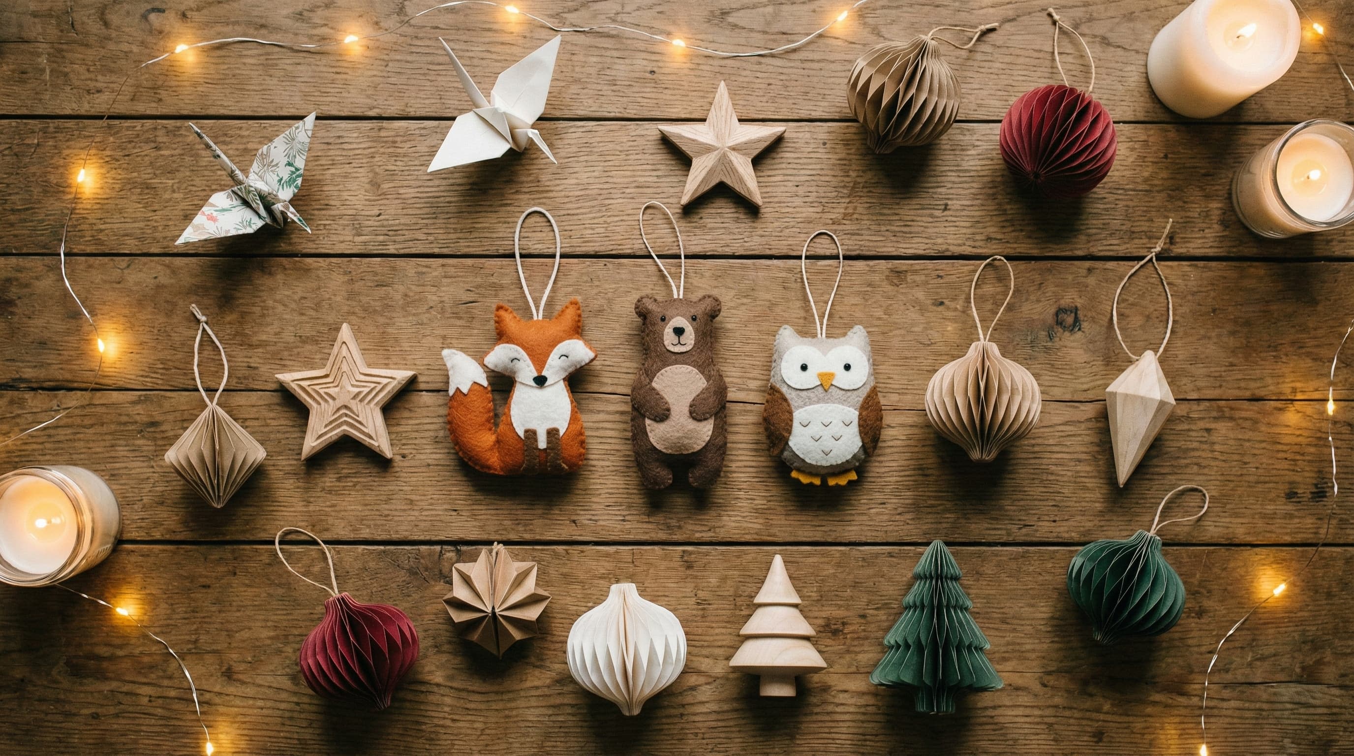 A collection of cat-safe holiday decorations made of wood and felt