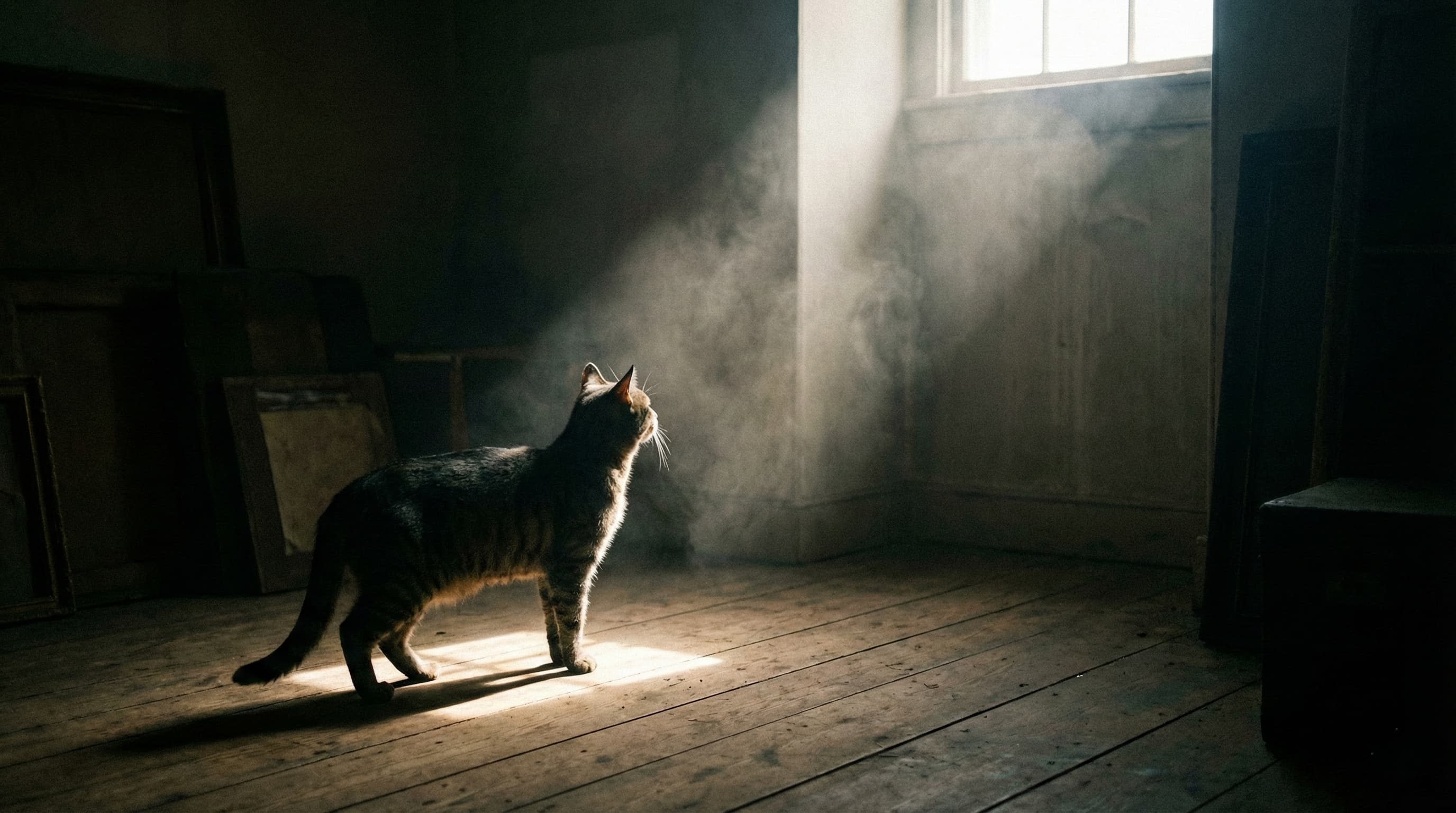 A cat staring intently at a sunbeam in a dark room