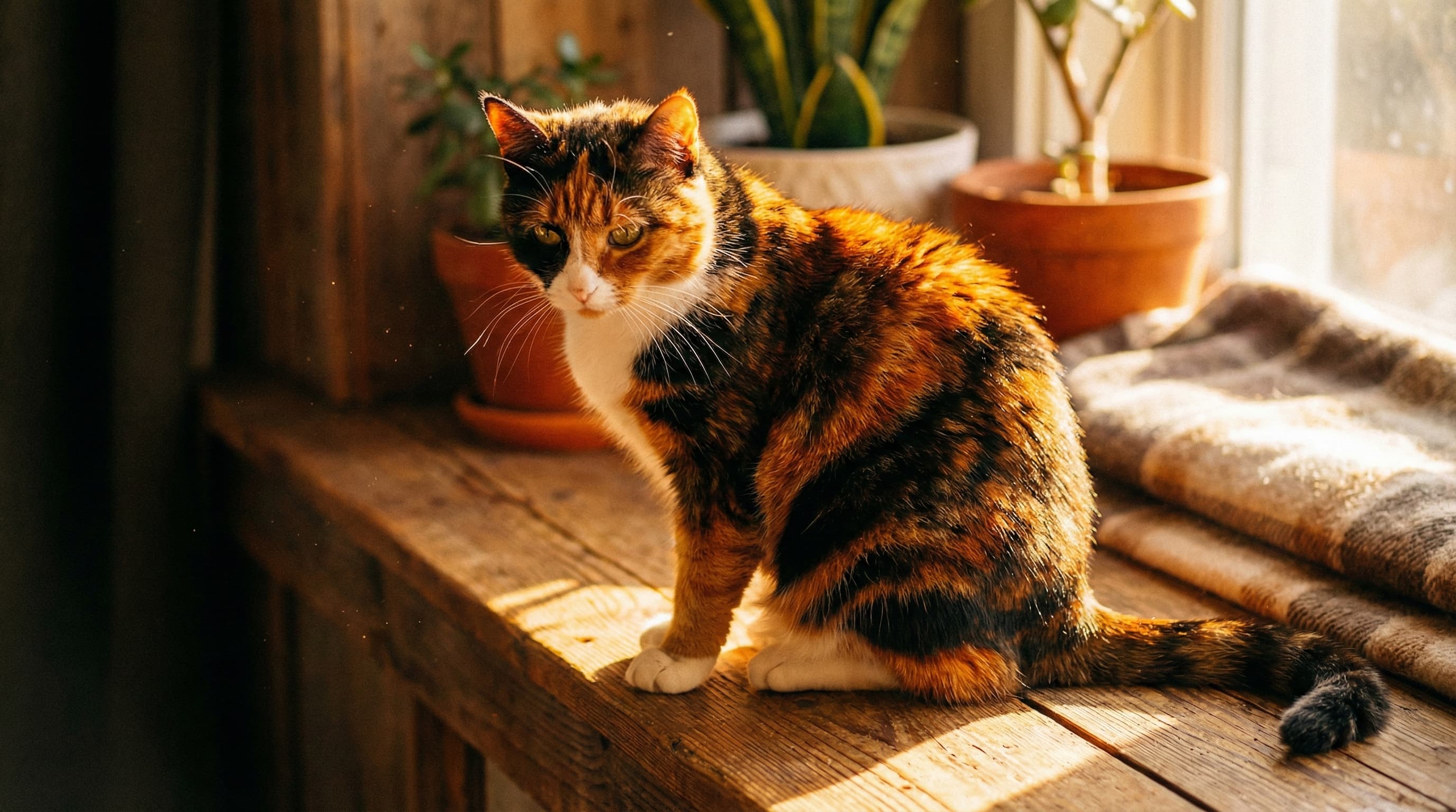 A Calico cat sitting in golden sunlight representing luck