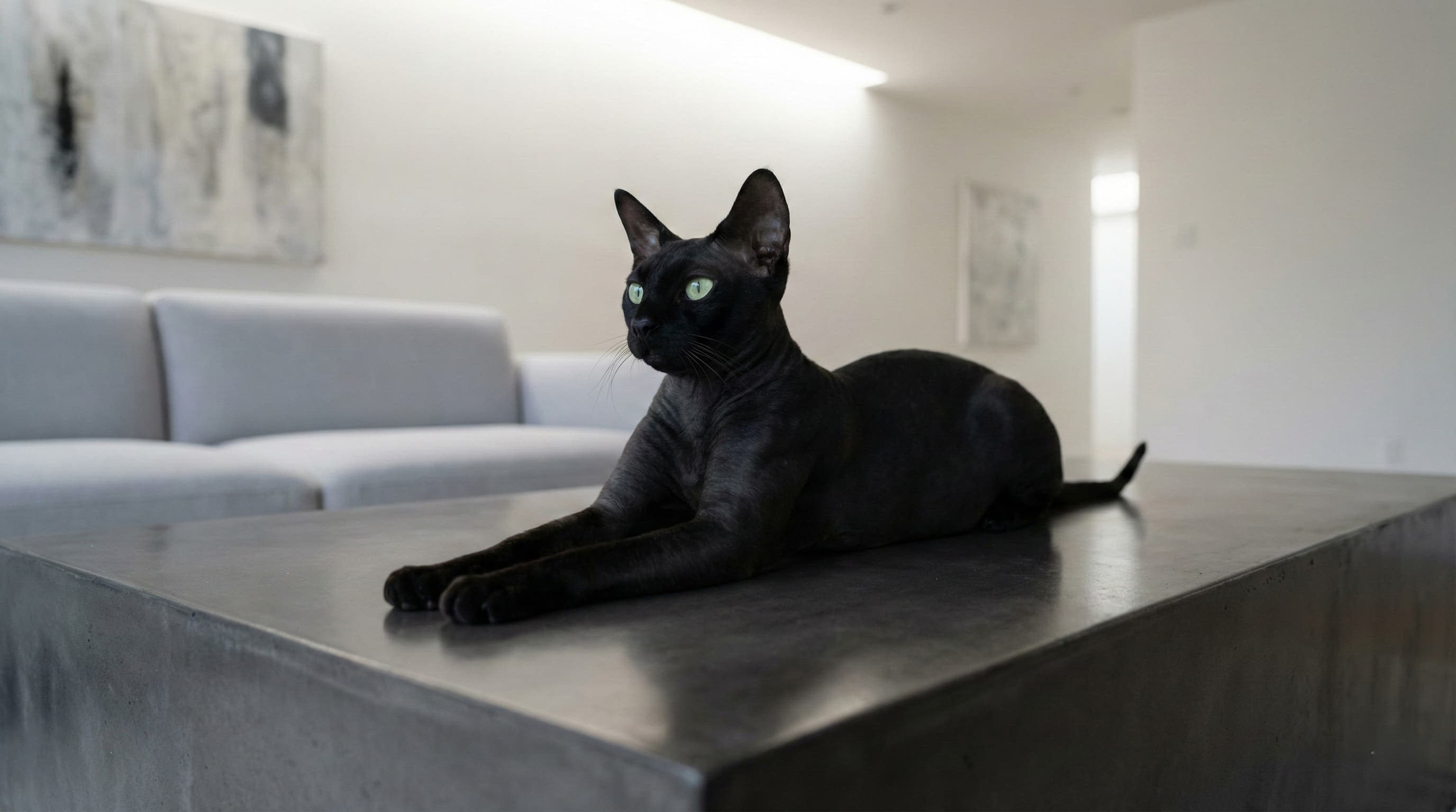 A black cat sitting in the Sphynx position with front paws extended