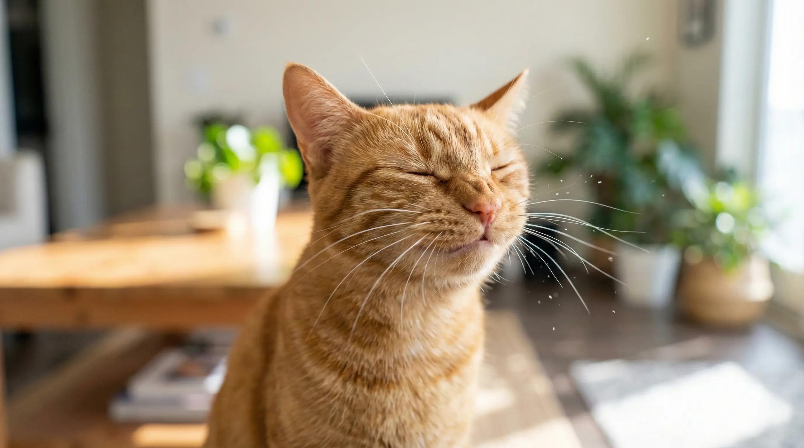 A cat sneezing, indicating potential respiratory issues