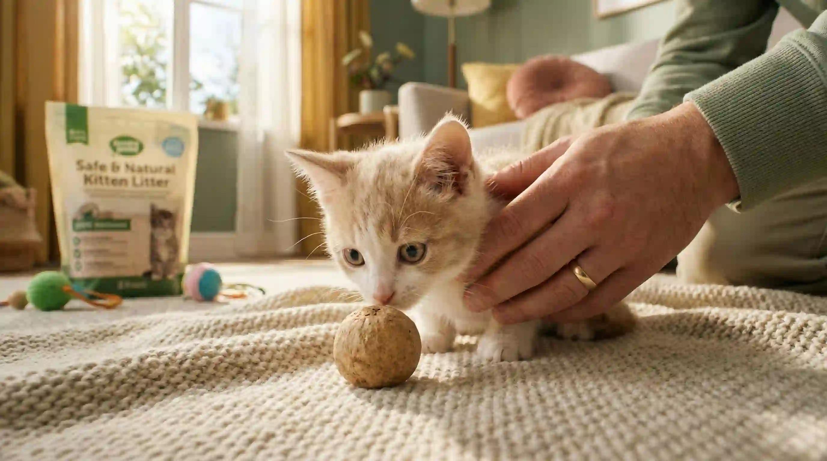 A kitten safely investigating non-clumping litter pellets