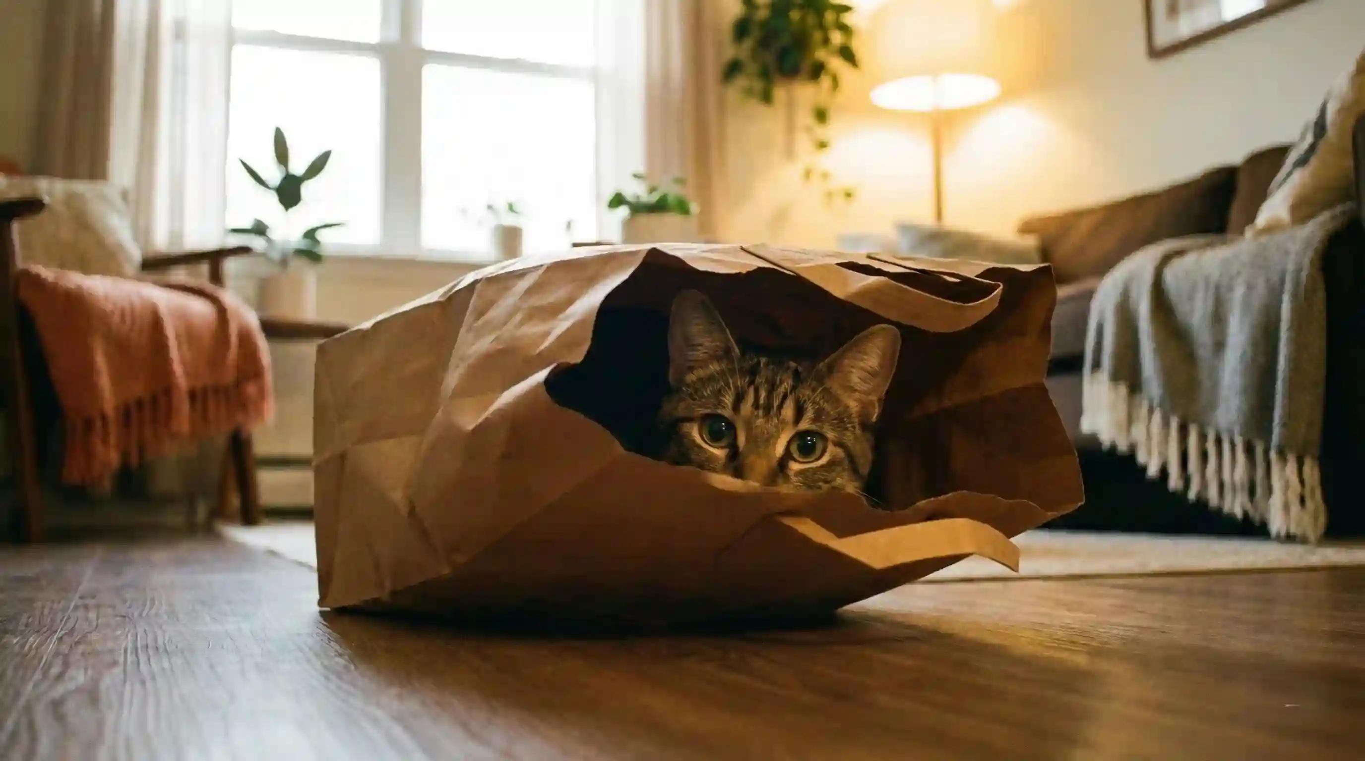 A playful cat hiding inside a grocery bag