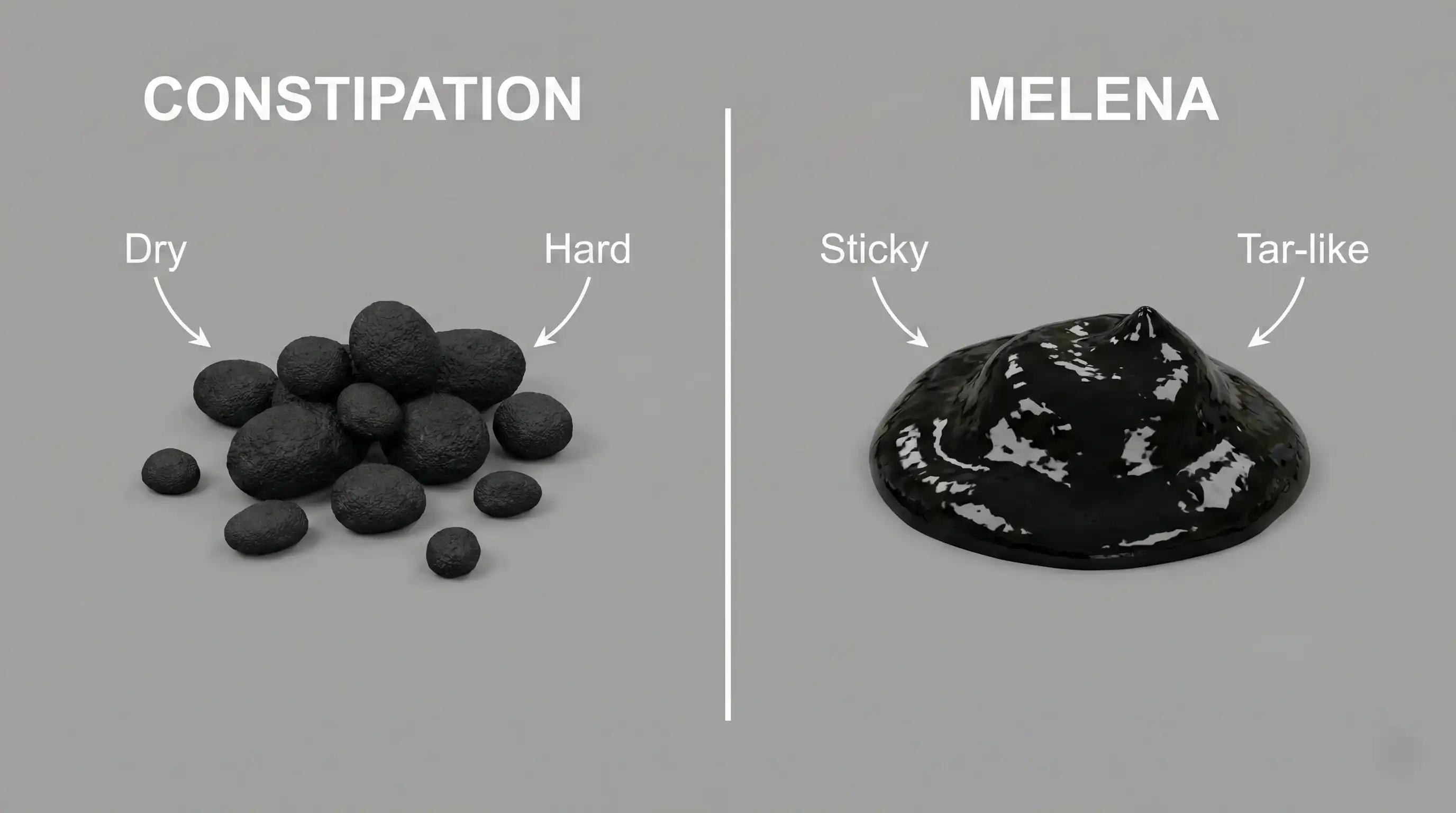 Illustration comparing dry constipated stool versus sticky tarry melena