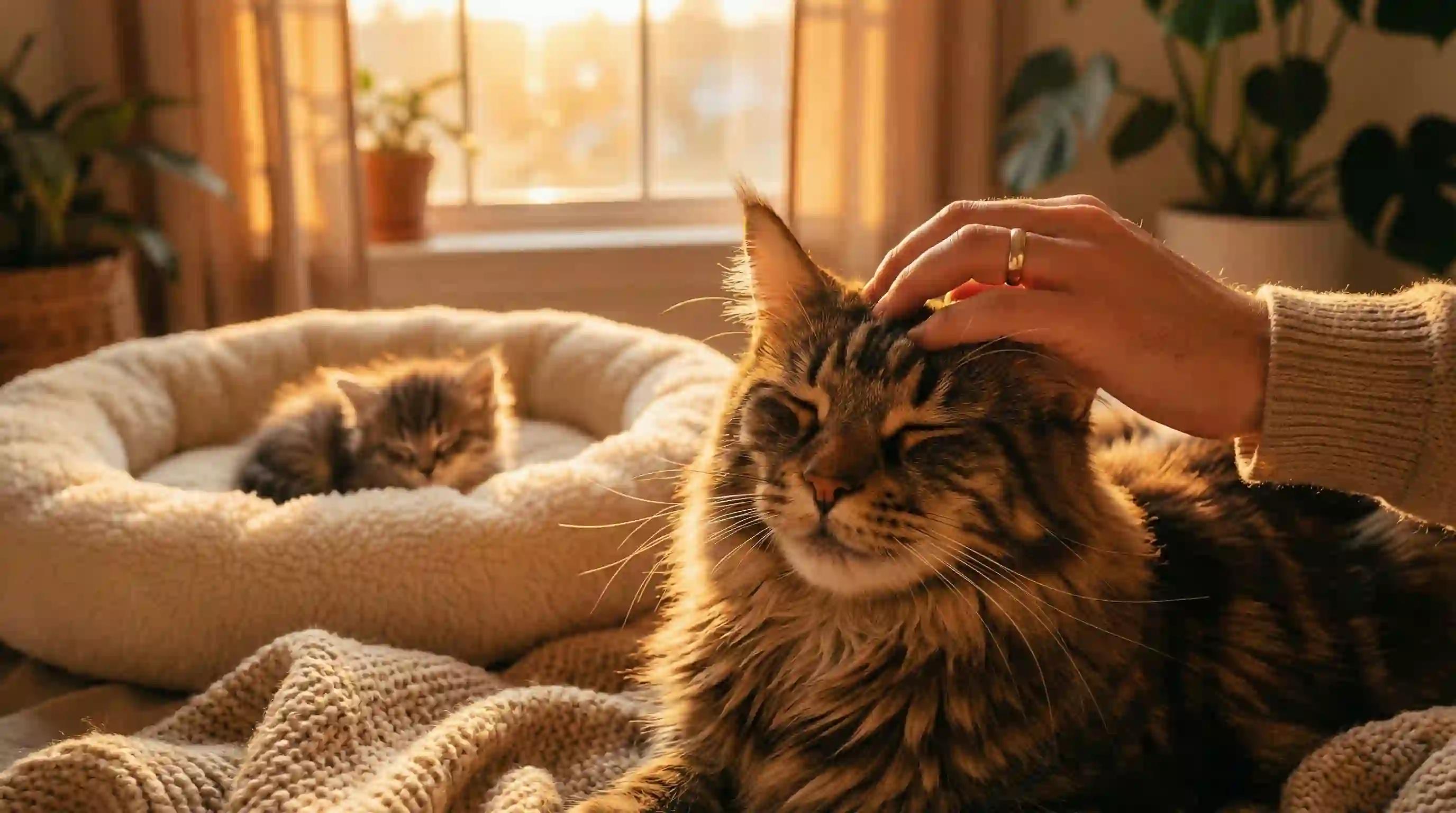 Owner giving exclusive attention to the resident cat while kitten sleeps