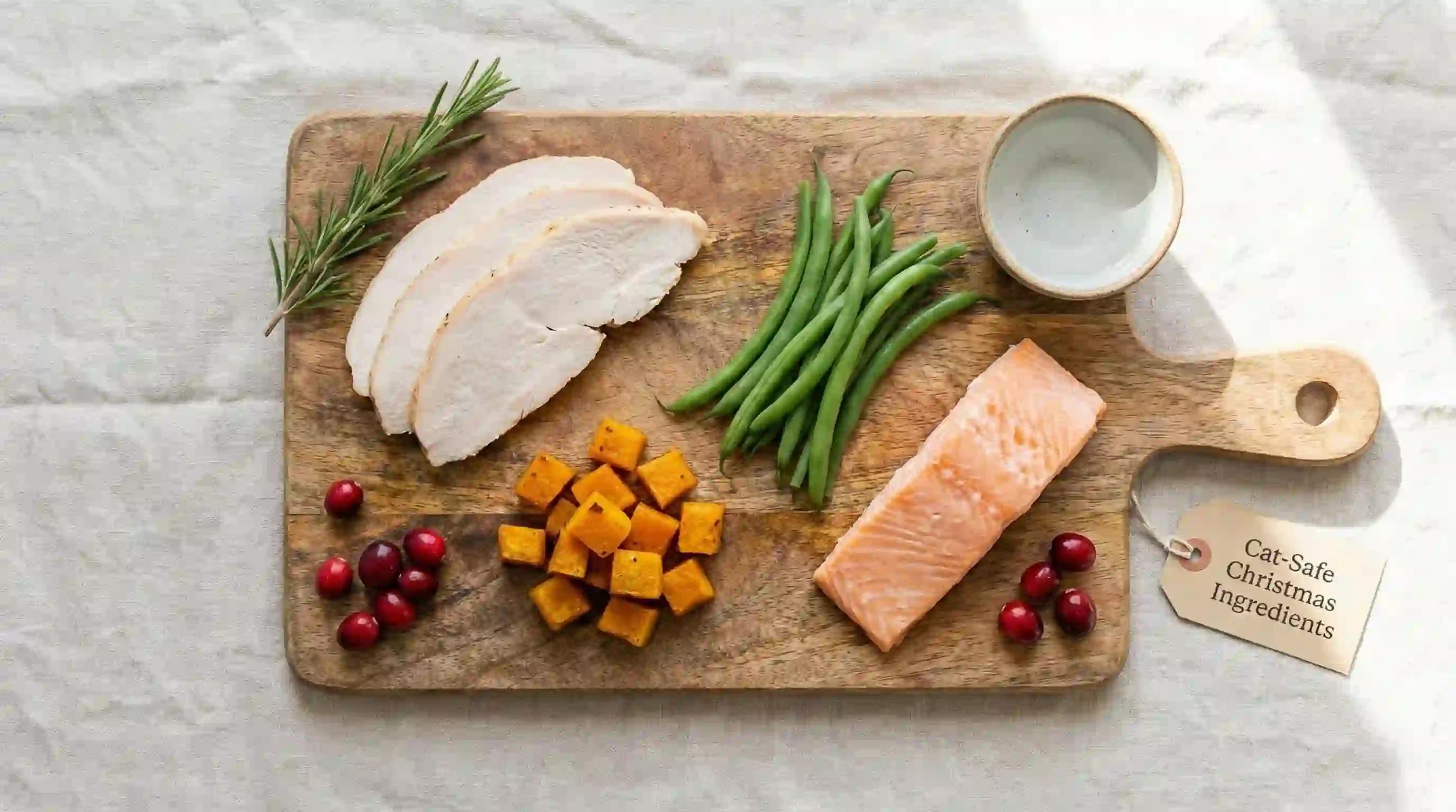 Flat lay of safe cat foods including turkey, pumpkin, and green beans