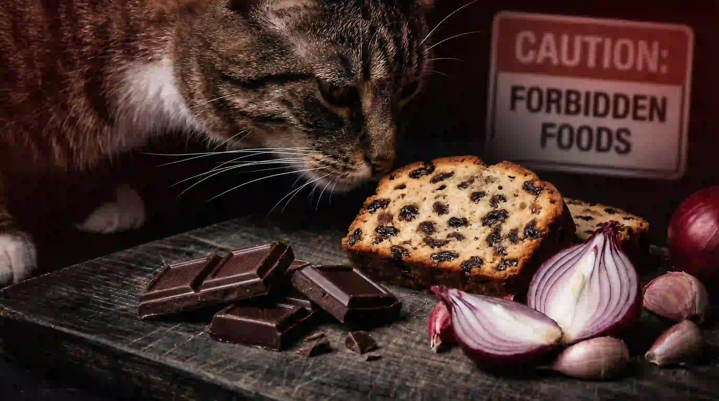 Warning sign over chocolate, onions, and raisins near a cat