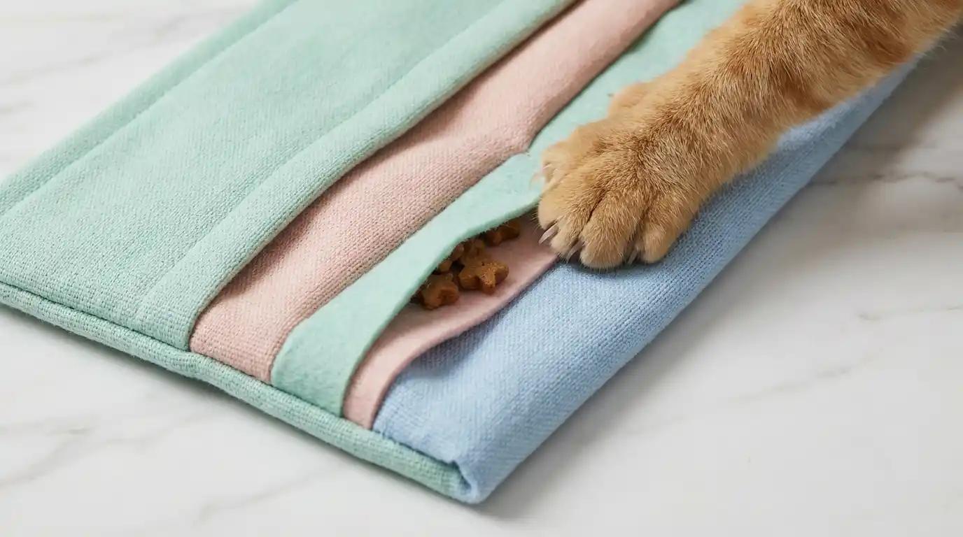 Cat using a foraging snuffle mat for mental enrichment and slow feeding