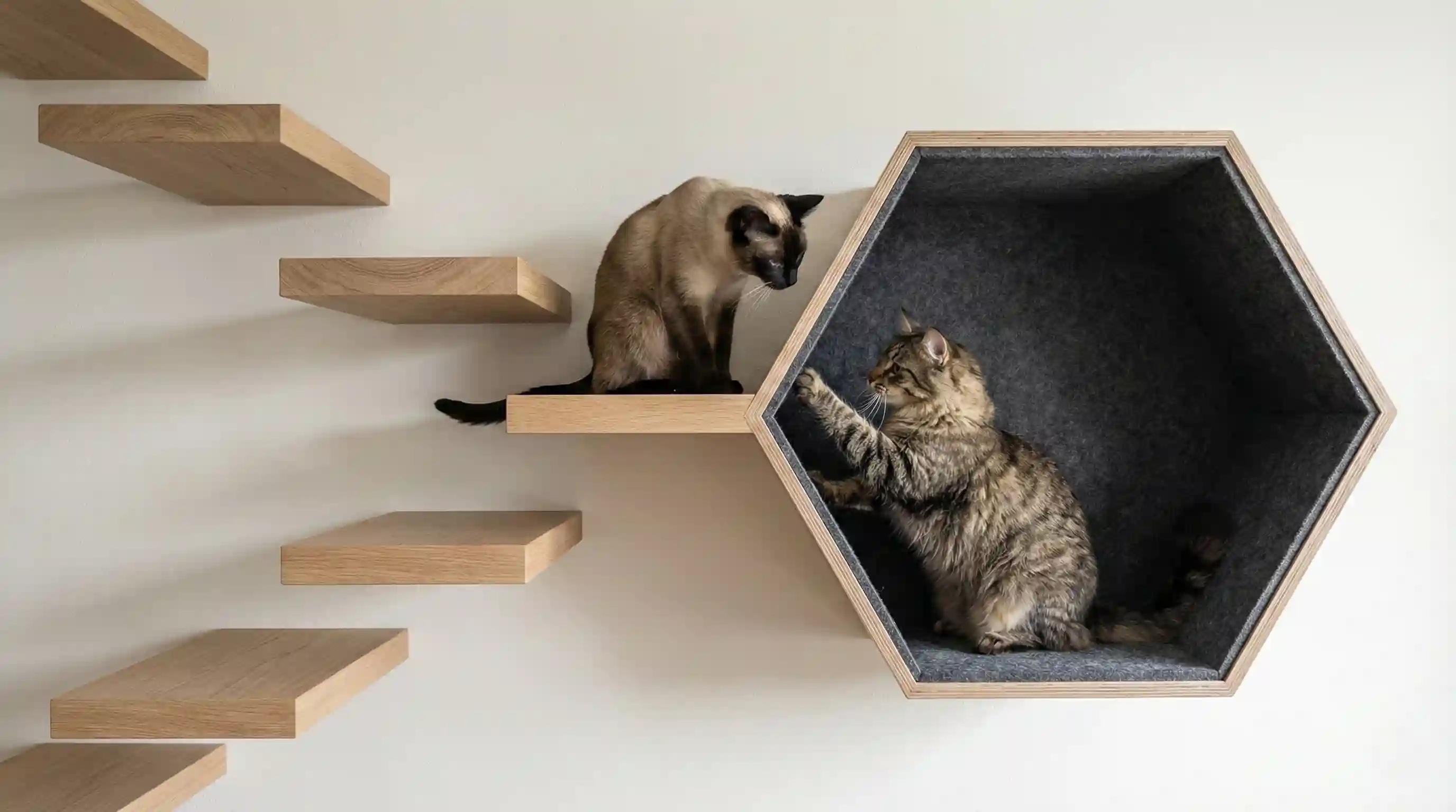 A cat navigating a sophisticated vertical wall shelf system in a clean apartment