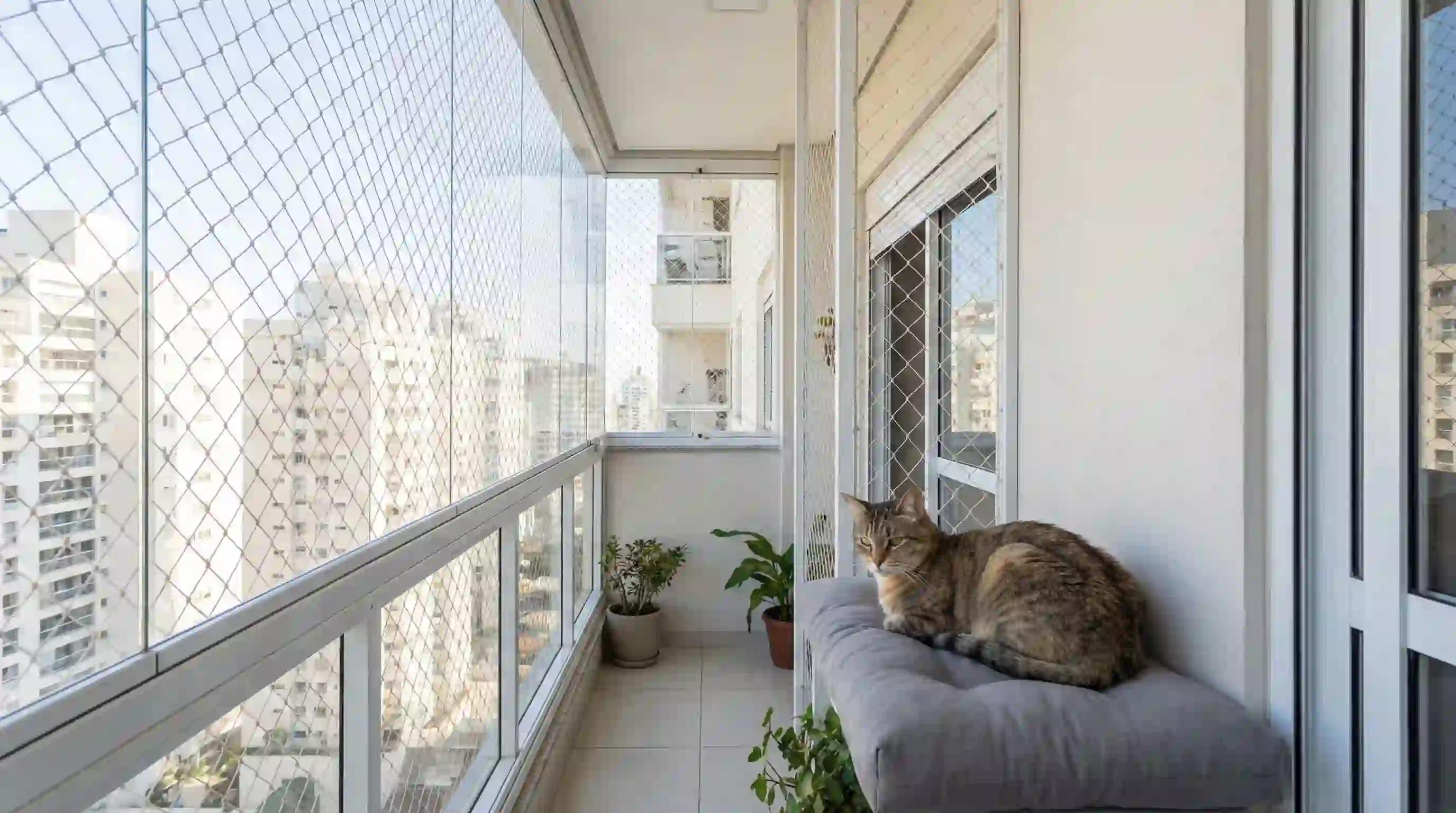 A secure, netted apartment balcony with a cat resting safely inside