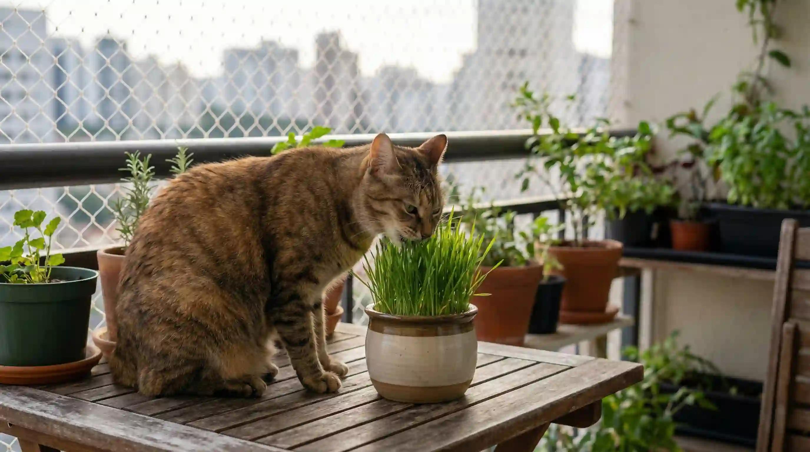 Cat safely chewing on a pot of wheatgrass on a balcony