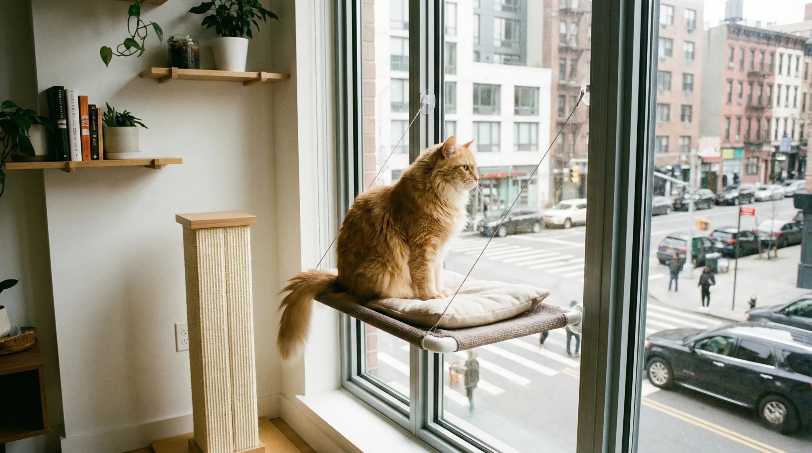 A cat on a window perch looking outside - the ideal independent entertainment