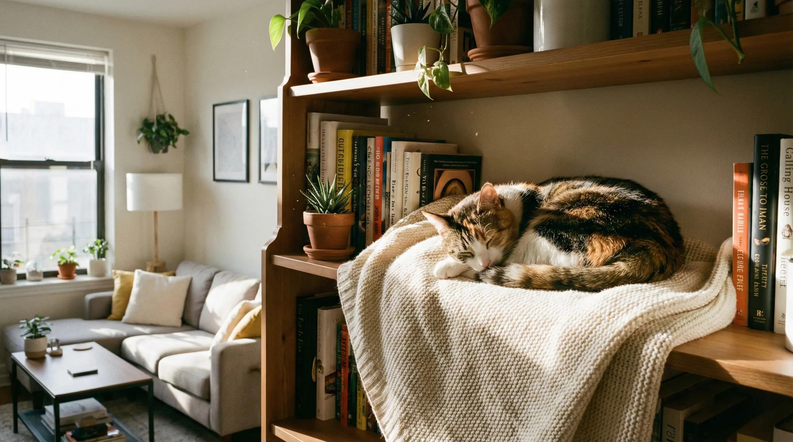 A content cat sleeping on a sunny perch while owner is away