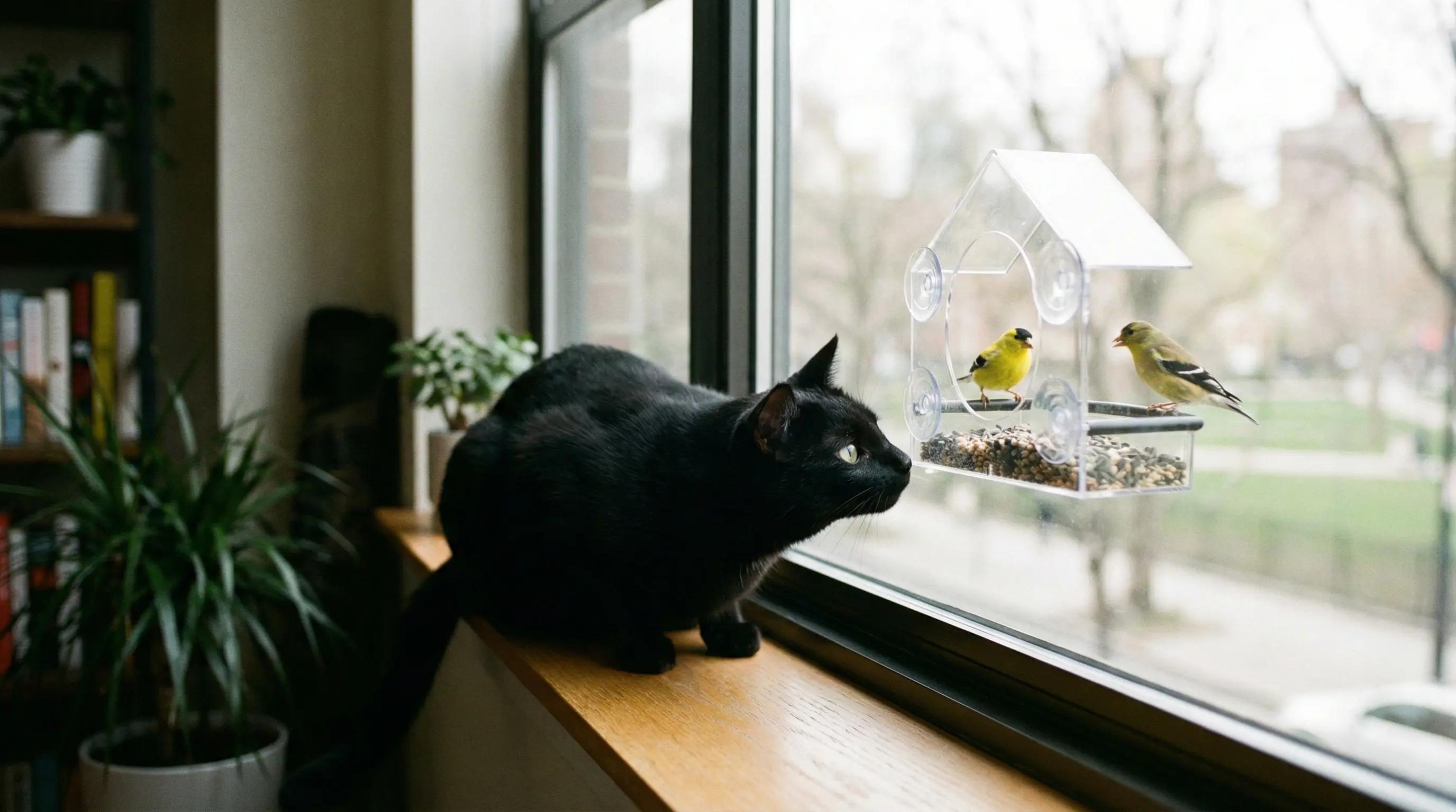A cat watching birds at a window feeder setup