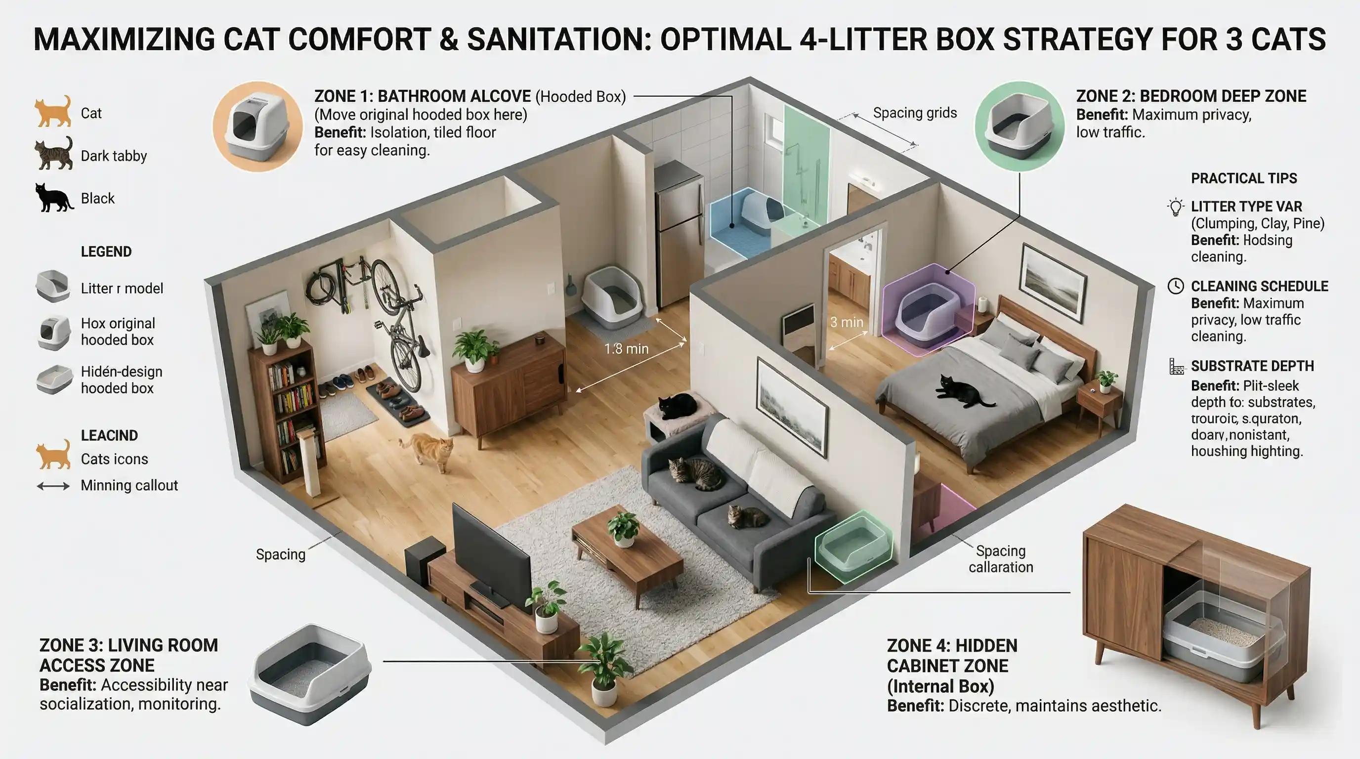 A small apartment layout showing four litter box zones for three cats