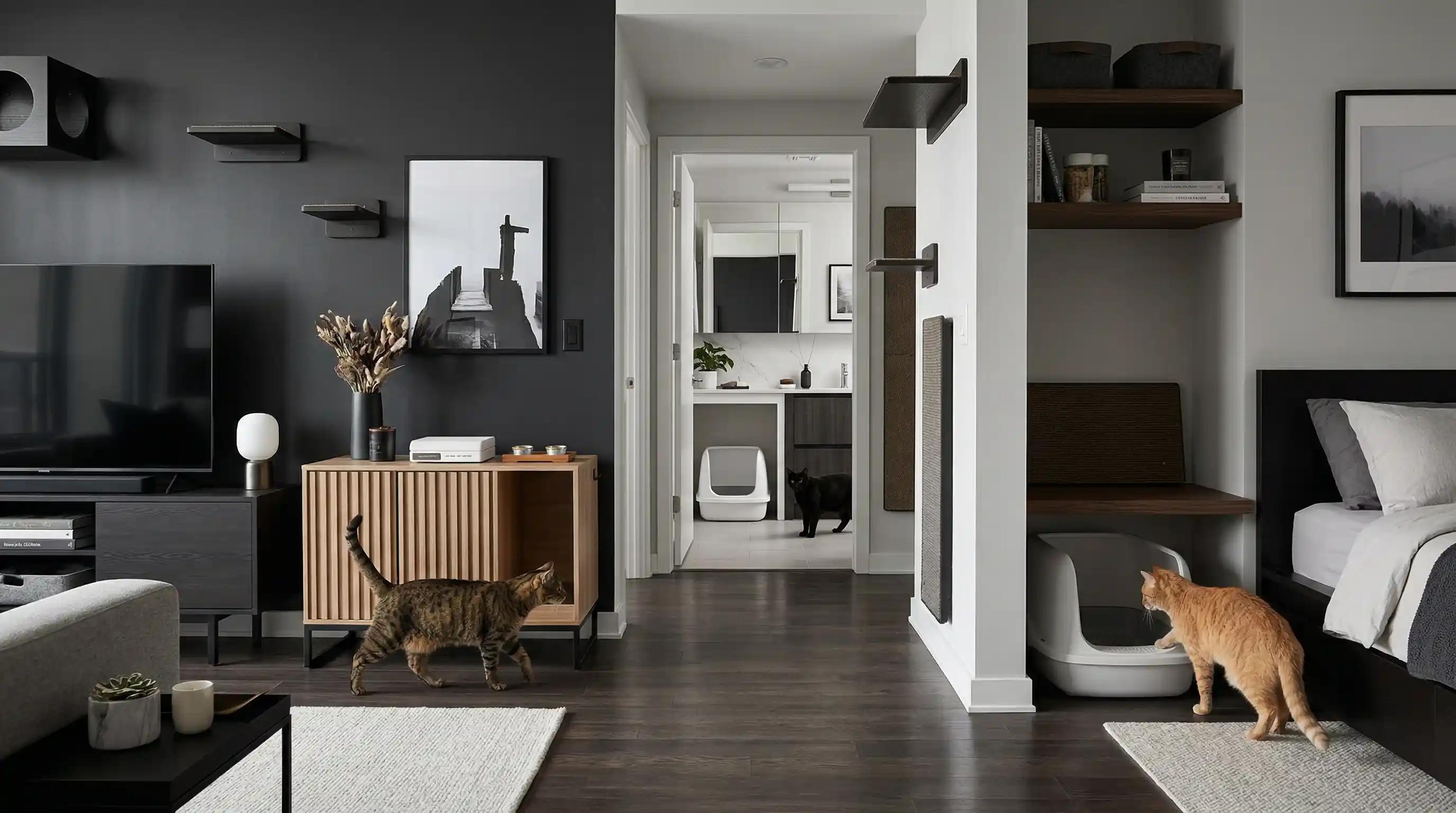 A clean small-apartment litter setup with multiple litter box zones for three cats