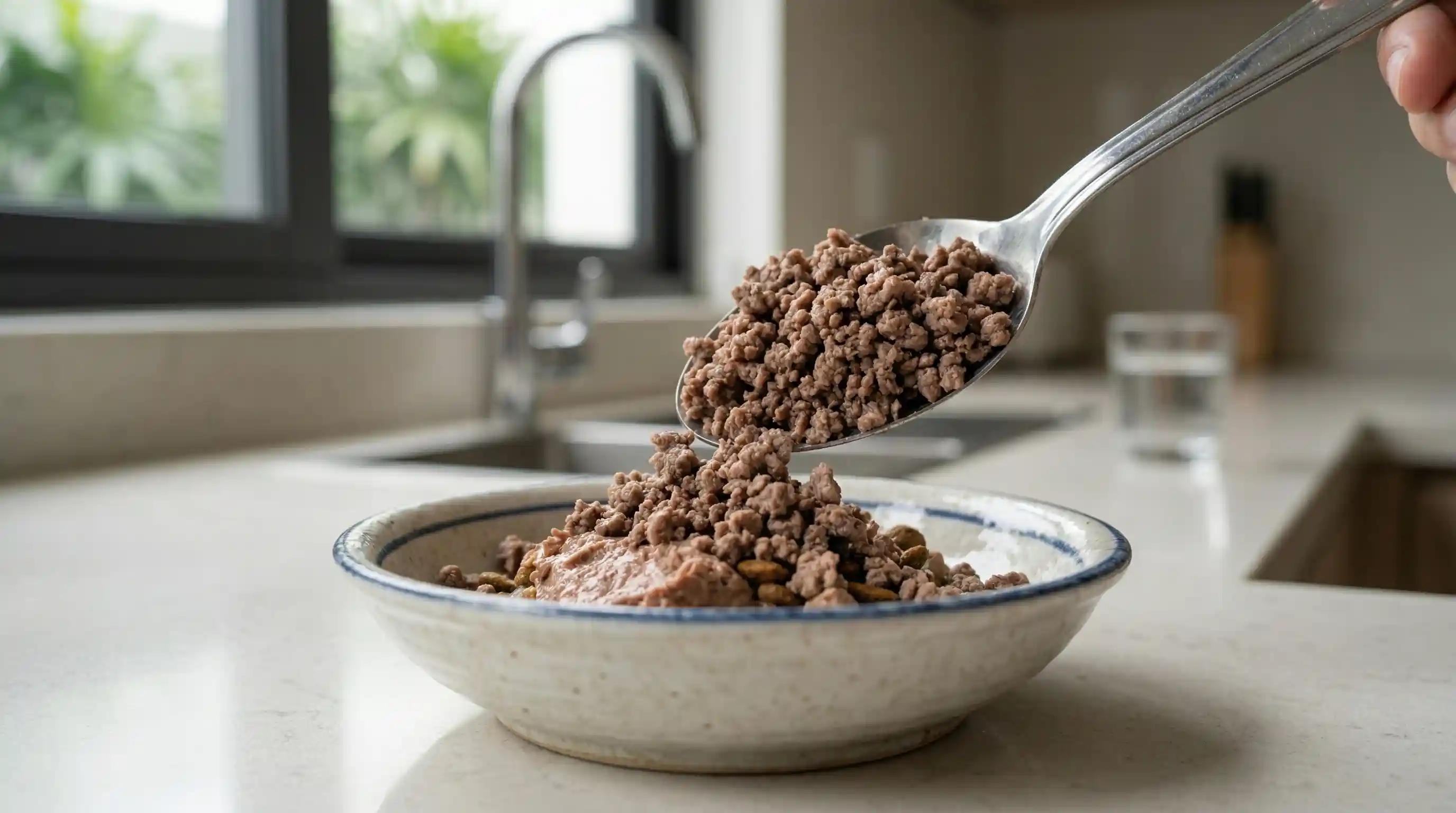 A small spoonful of plain cooked ground beef being added to a cat's regular meal