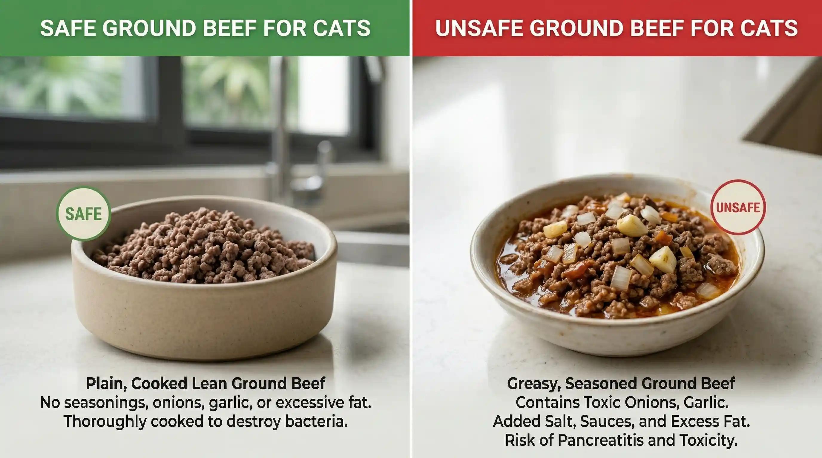 A comparison between safe plain cooked ground beef and unsafe seasoned greasy beef for cats