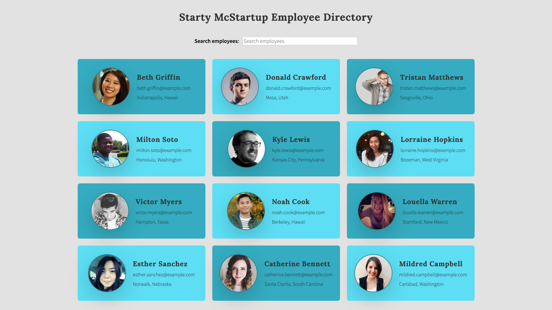 Startup employee directory screenshot