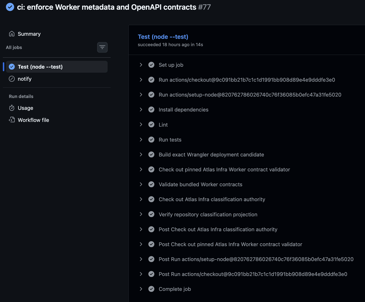 Successful atlas-api-public CI run showing linting, tests, Wrangler bundle generation, Worker contract validation, and repository classification checks