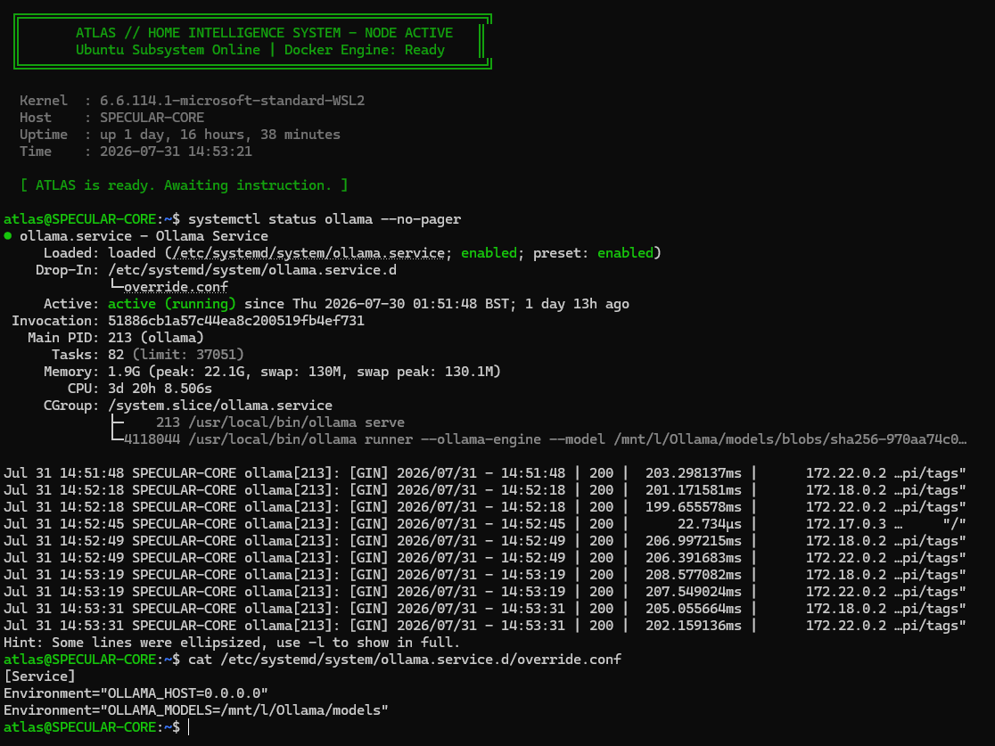 systemctl status and the Ollama systemd override binding OLLAMA_HOST to 0.0.0.0