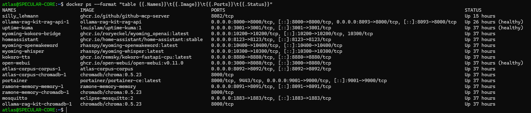 docker ps output showing the three native Linux Docker containers with port mappings