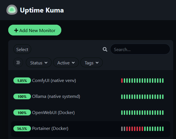 Uptime Kuma dashboard showing all five services green after recovery