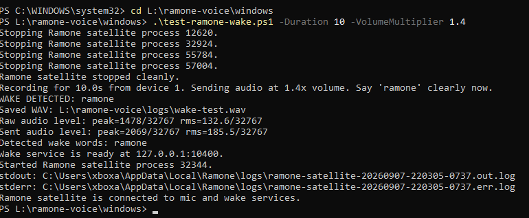 Wake detection test confirming the custom model with WAKE DETECTED ramone, the saved WAV, raw and sent audio levels, and Detected wake words ramone