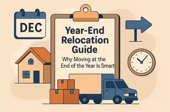 Year-end relocation concept with house and moving truck.
