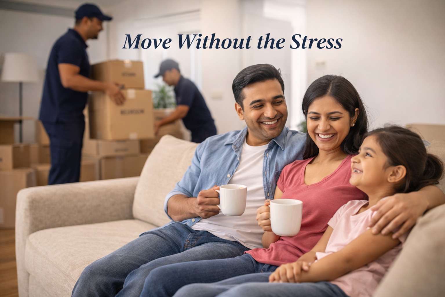 Happy family relaxing in their new home while professional movers pack boxes in the background