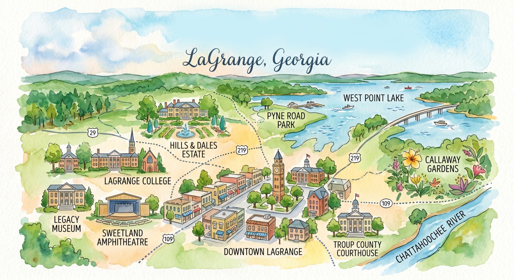 Watercolor map of LaGrange, Georgia