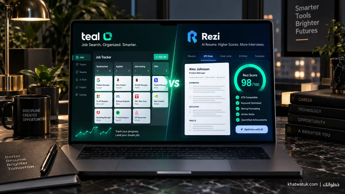 Teal vs Rezi AI Resume Builder Comparison 2026 - Split Screen Dashboard