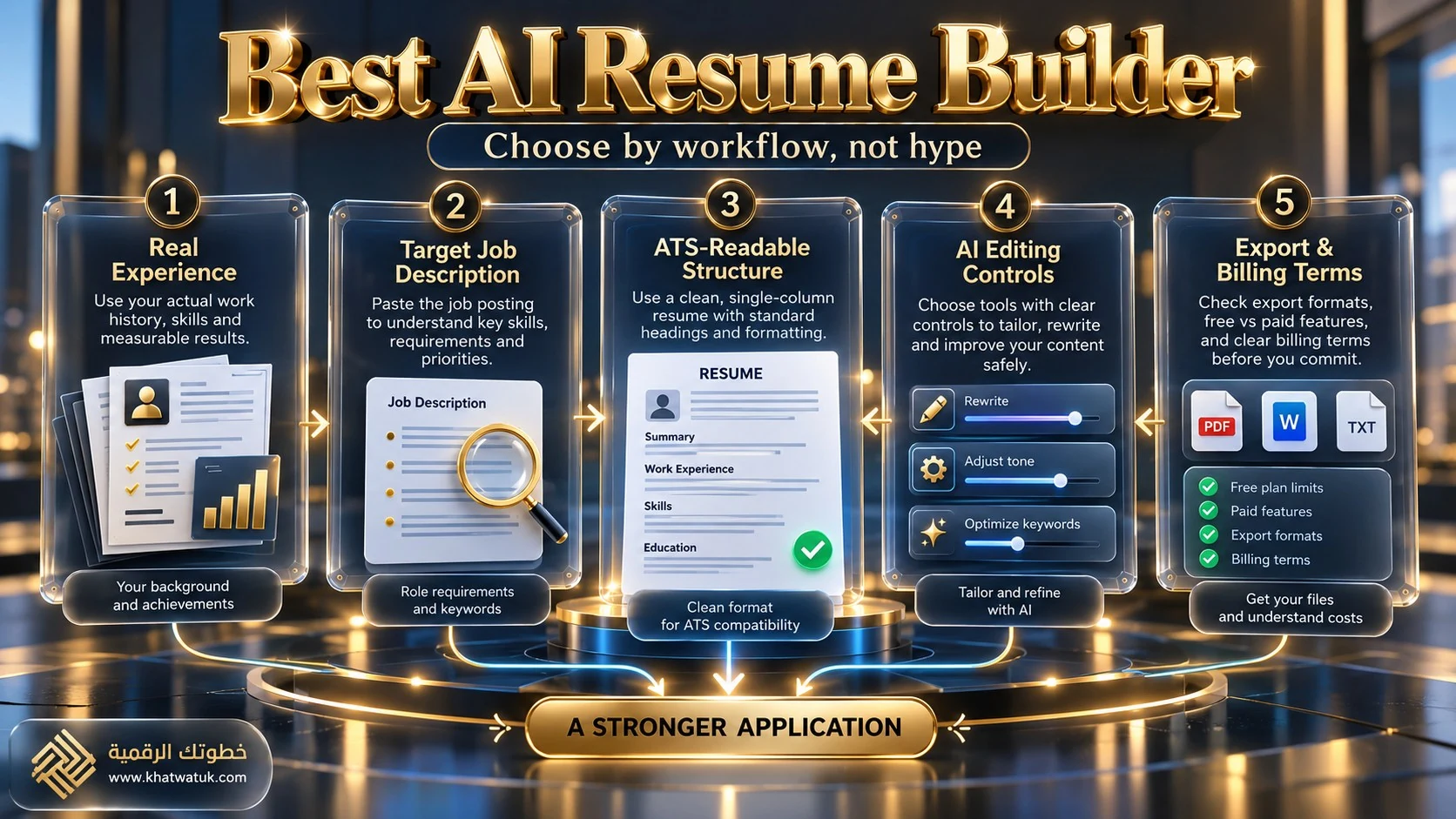 Decision framework for choosing an AI resume builder based on experience, job targeting, ATS readability, editing control, and export terms.