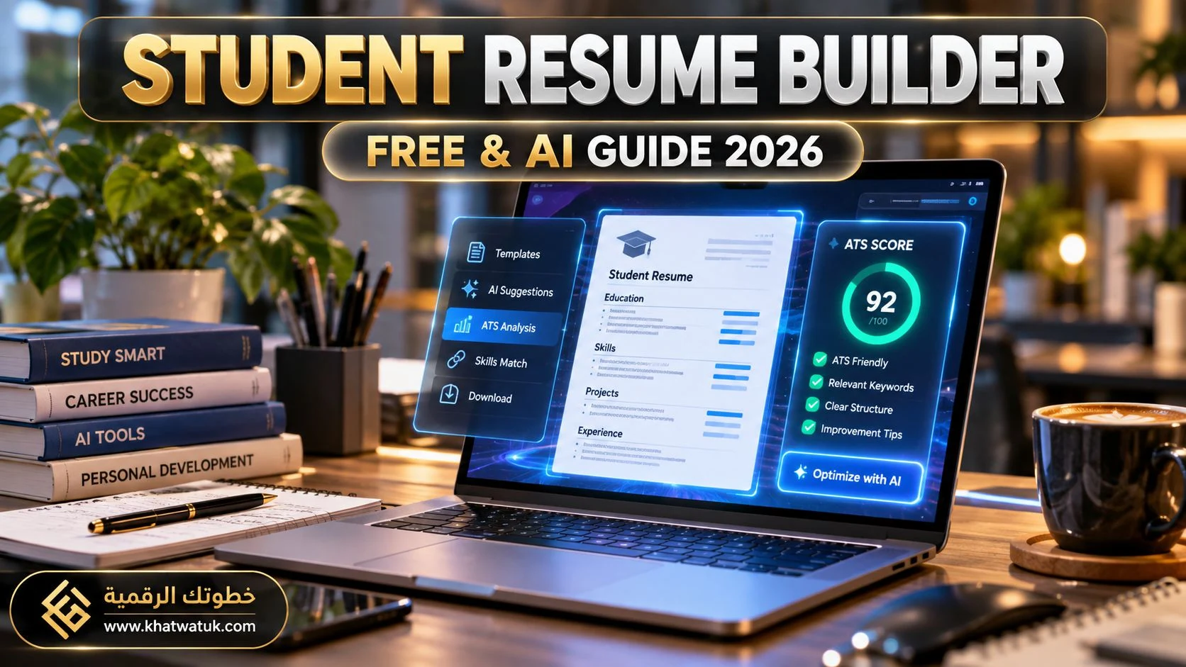 Modern student workspace with laptop showing an ATS-friendly resume layout.