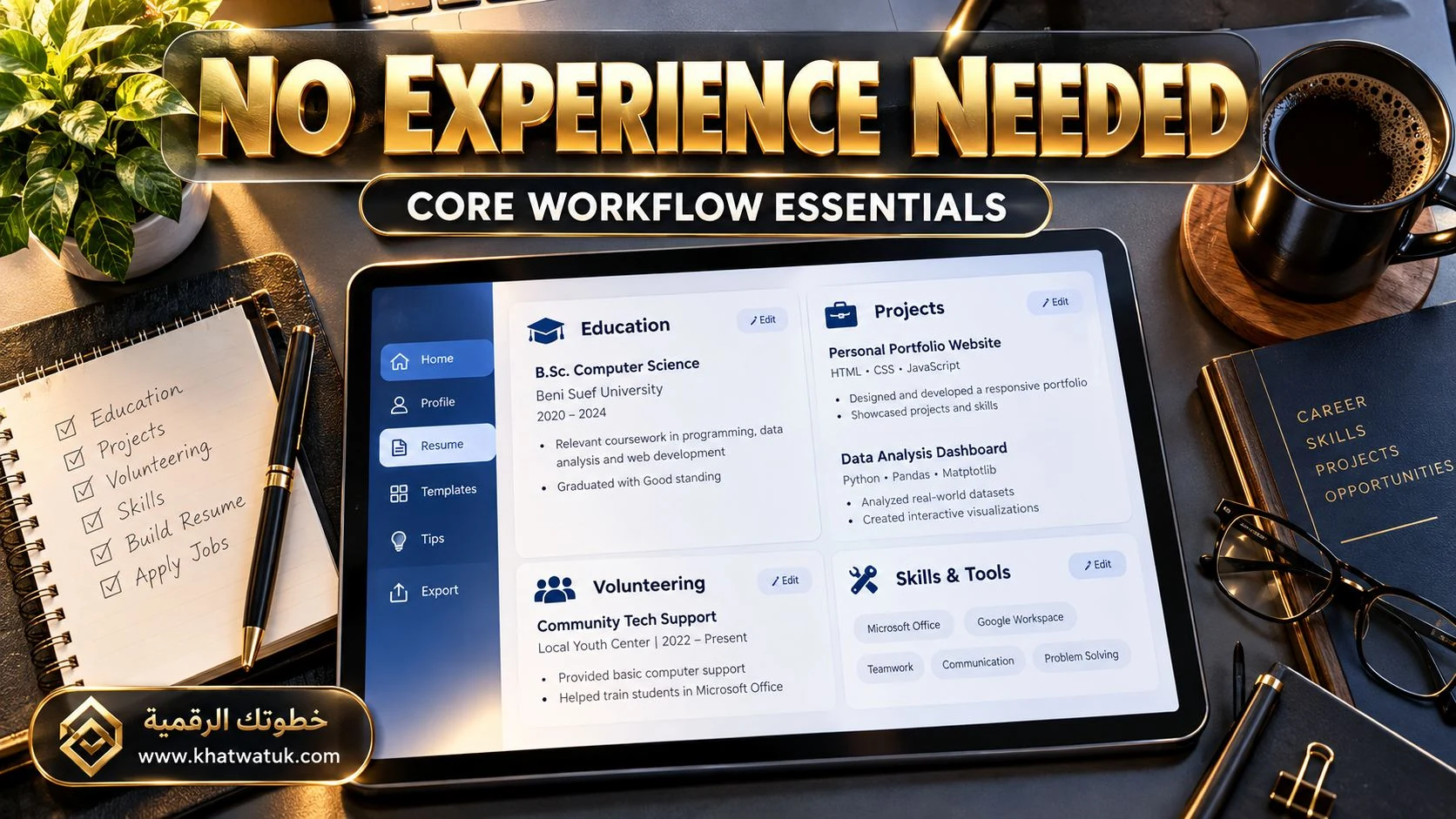 Clean student resume sections highlighting coursework, projects, and volunteering.