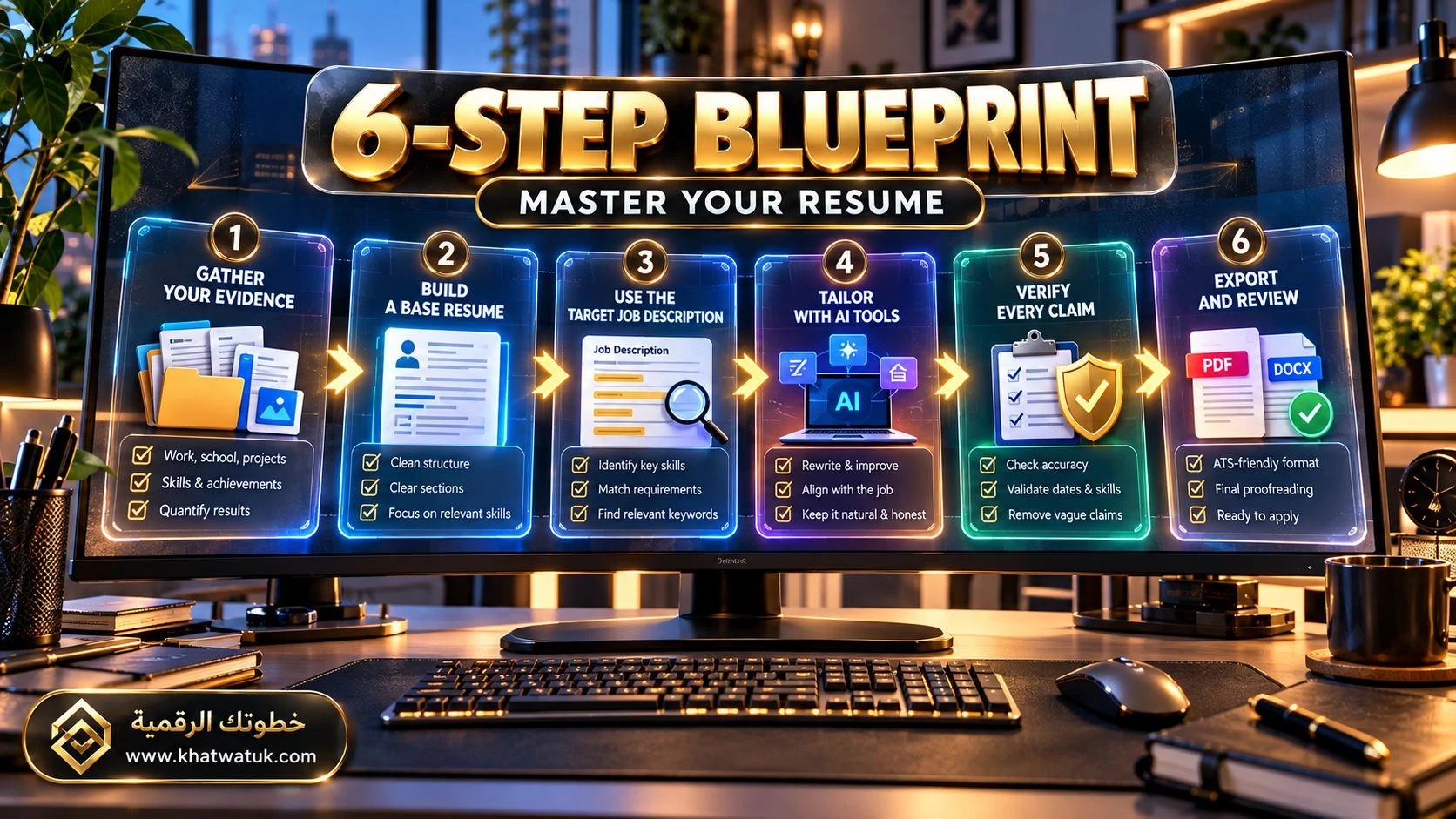 Six-step visual blueprint for creating, tailoring, and verifying a student resume.