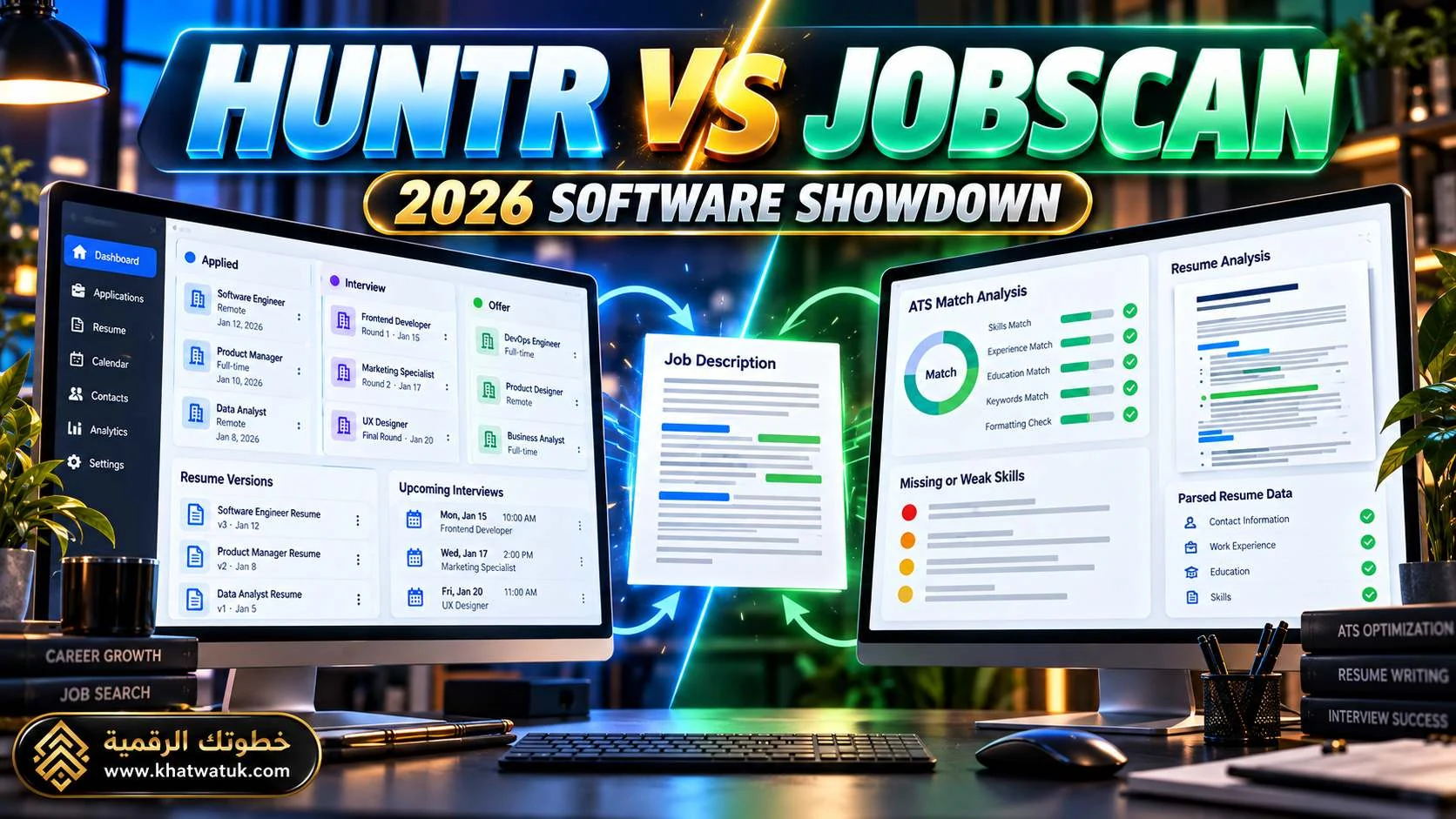 Huntr vs Jobscan split-screen workspace showing pipeline tracking vs ATS resume analysis.