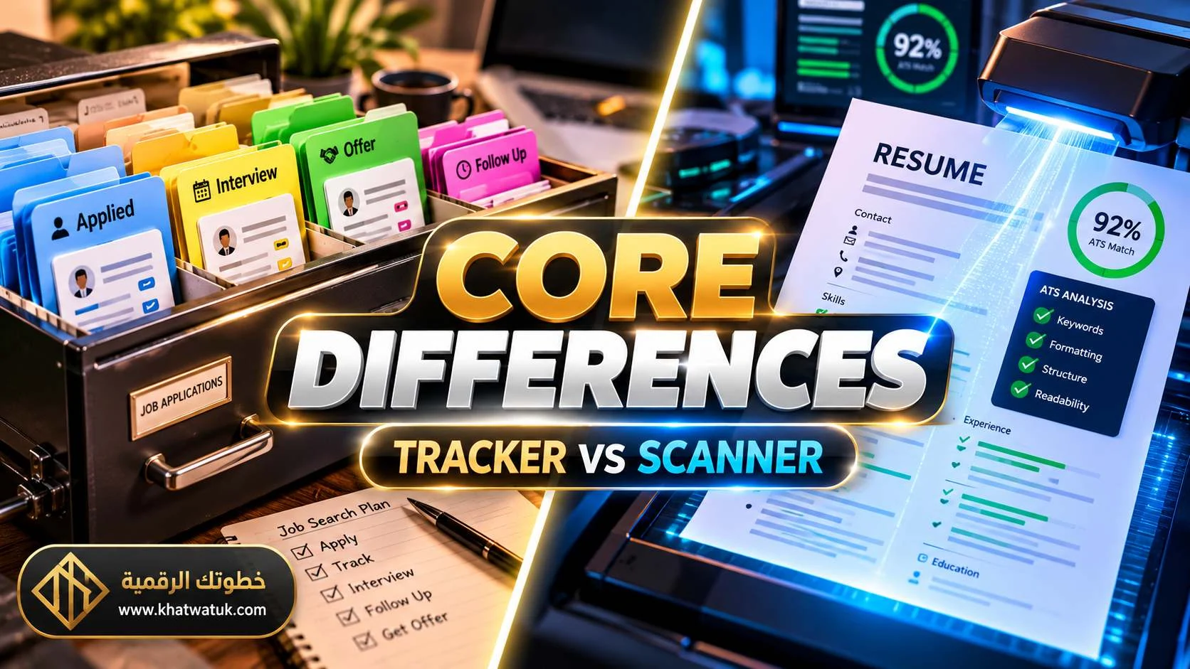Infographic comparing digital job tracking cards with an ATS laser scanner analyzing a resume.